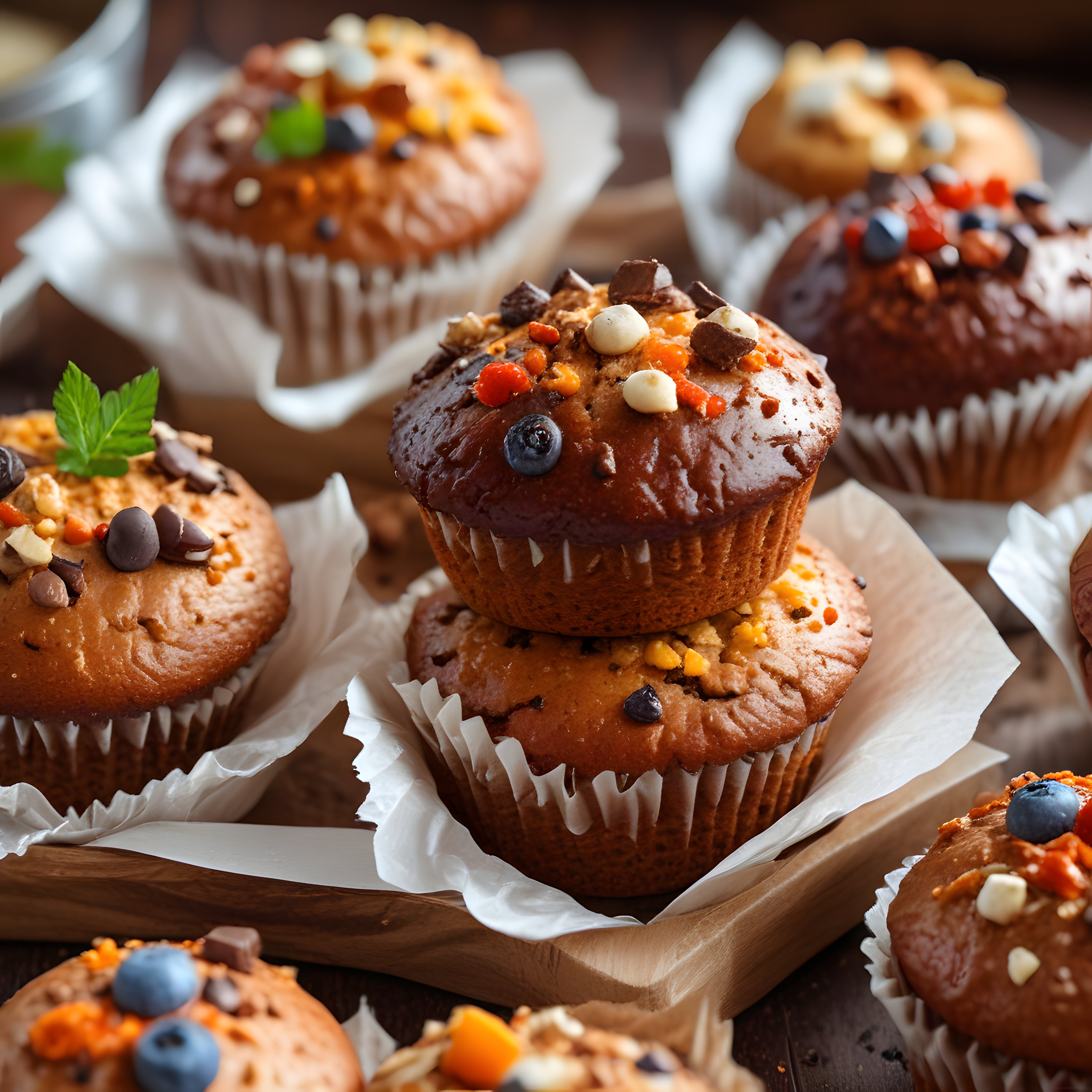 Fırından Yeni Çıkmış Çikolatalı Yaban Mersinli Muffinlerin Leziz Sunumu