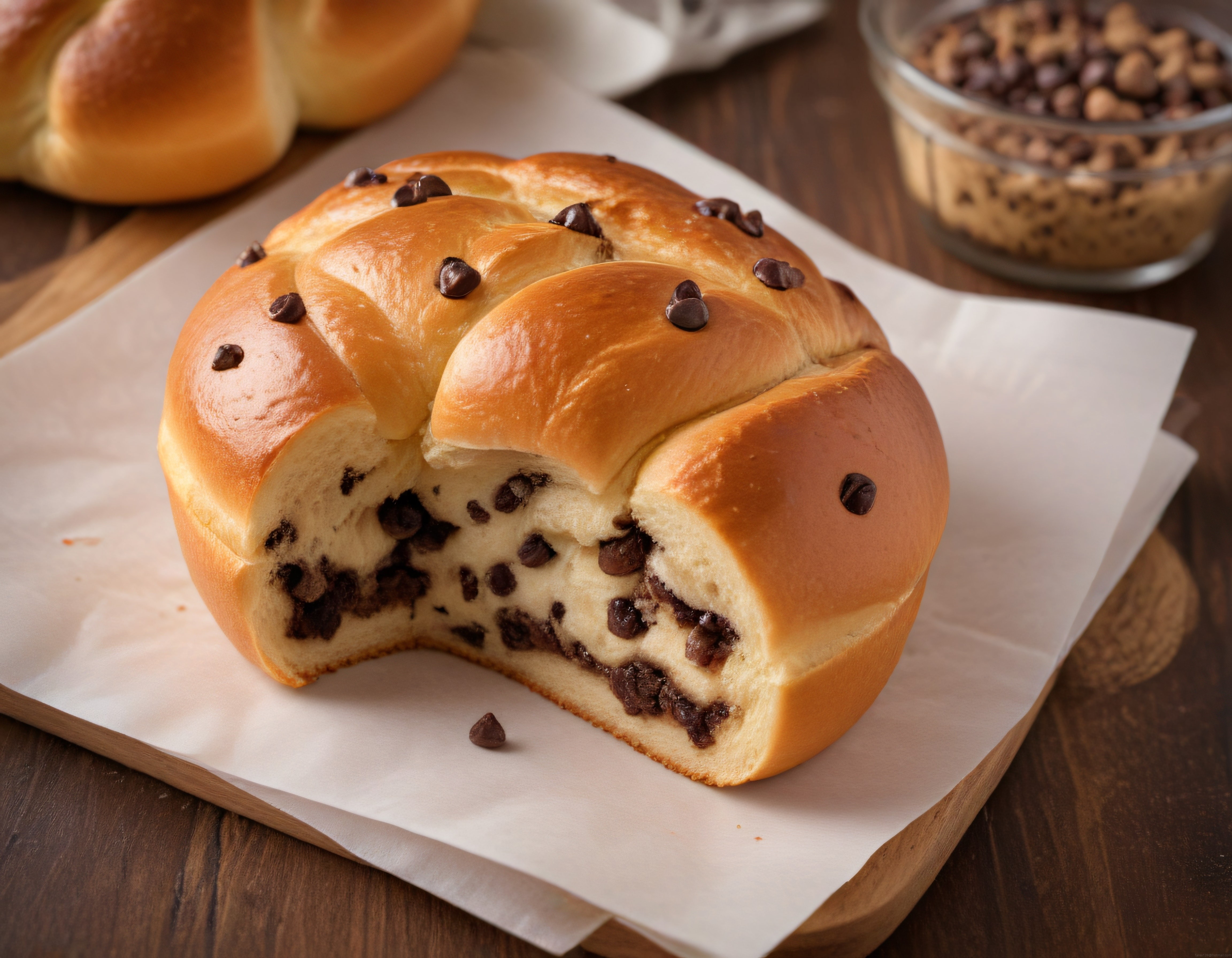 Fırından Yeni Çıkmış Damla Çikolatalı Çelenk Çörek ve Çikolata Dolgusu