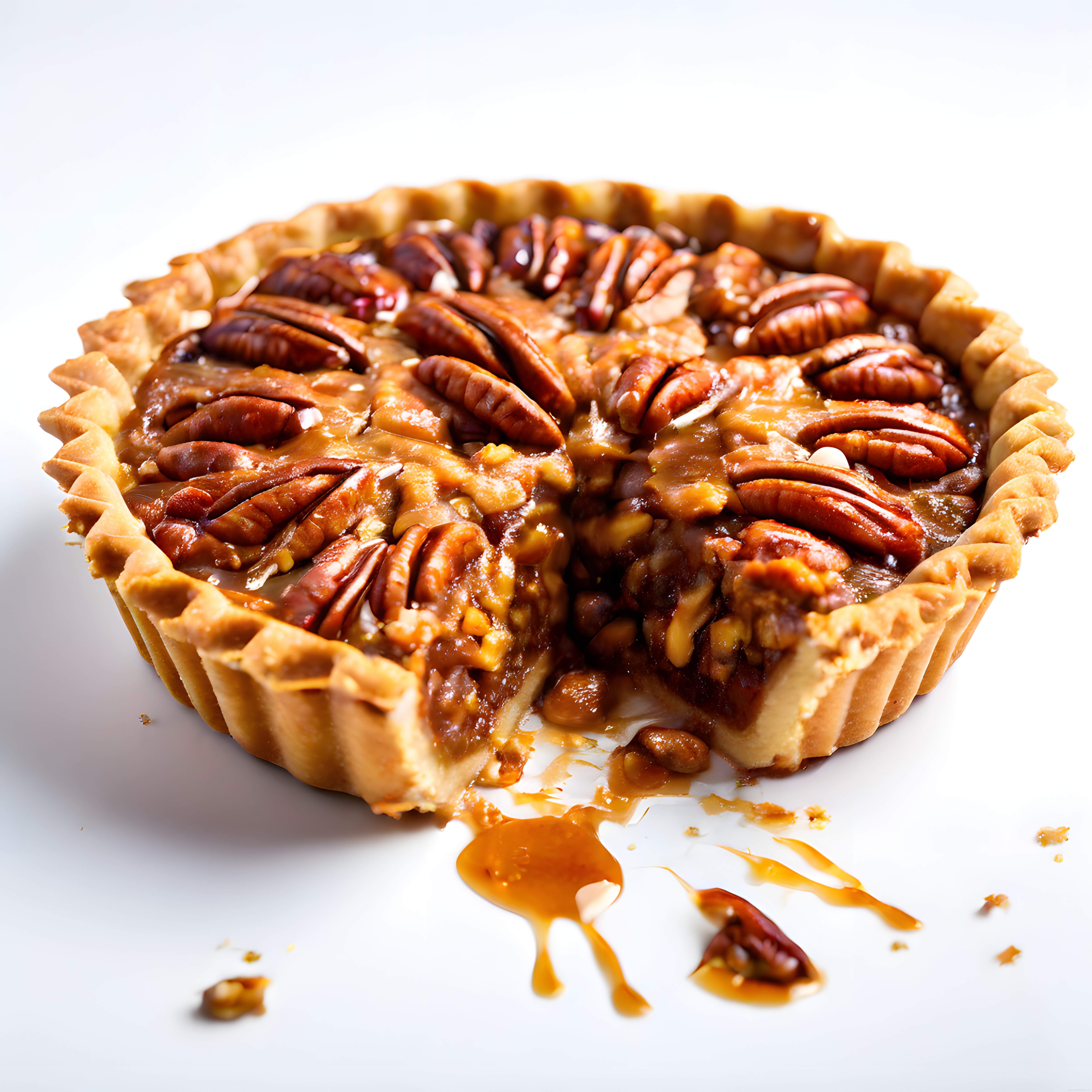 fırından yeni çıkmış dilimi eksik karamelize pekanc cevizli tart pastası