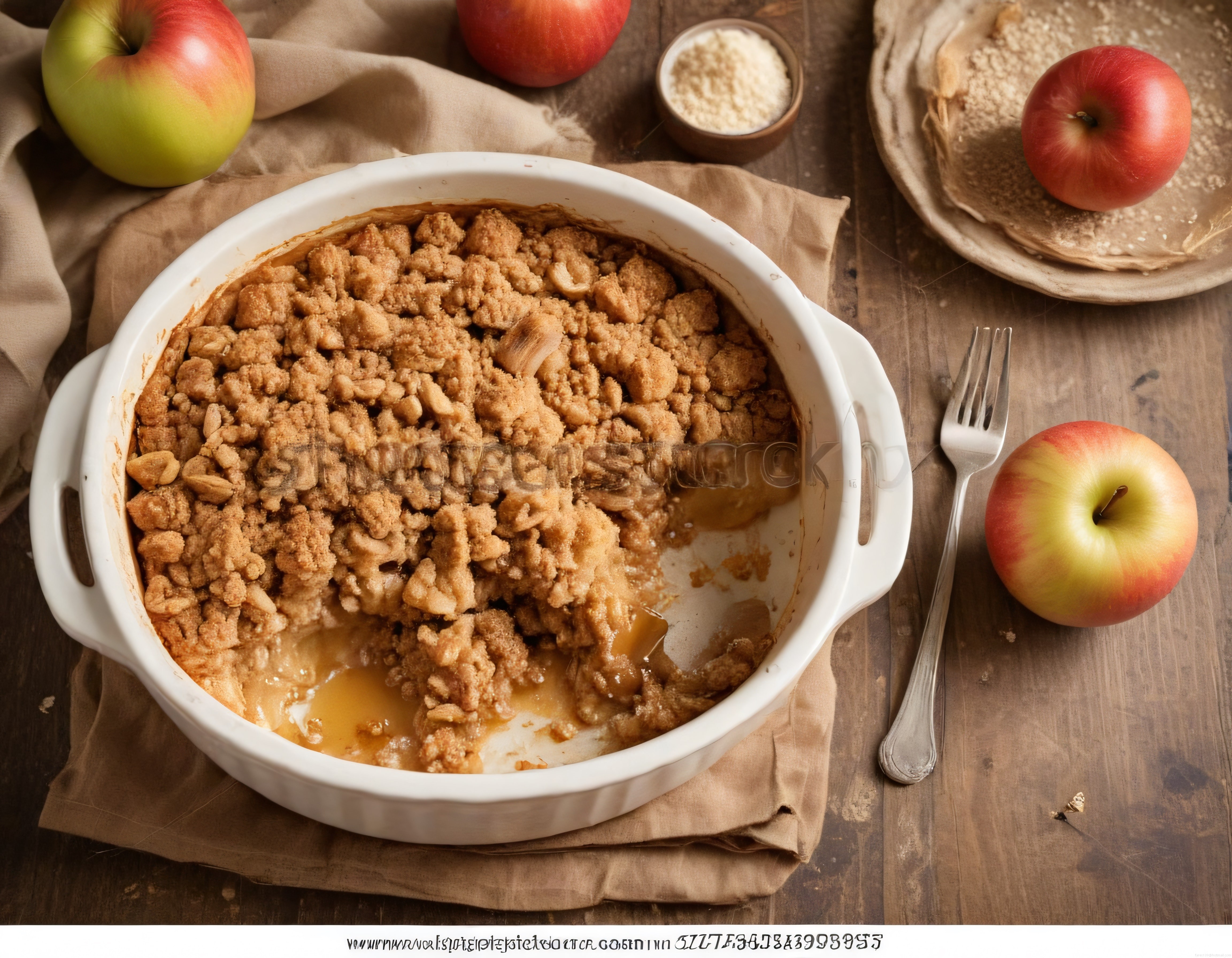 Fırından yeni çıkmış elmalı crumble, rustik ahşap masada taze elmalarla servis