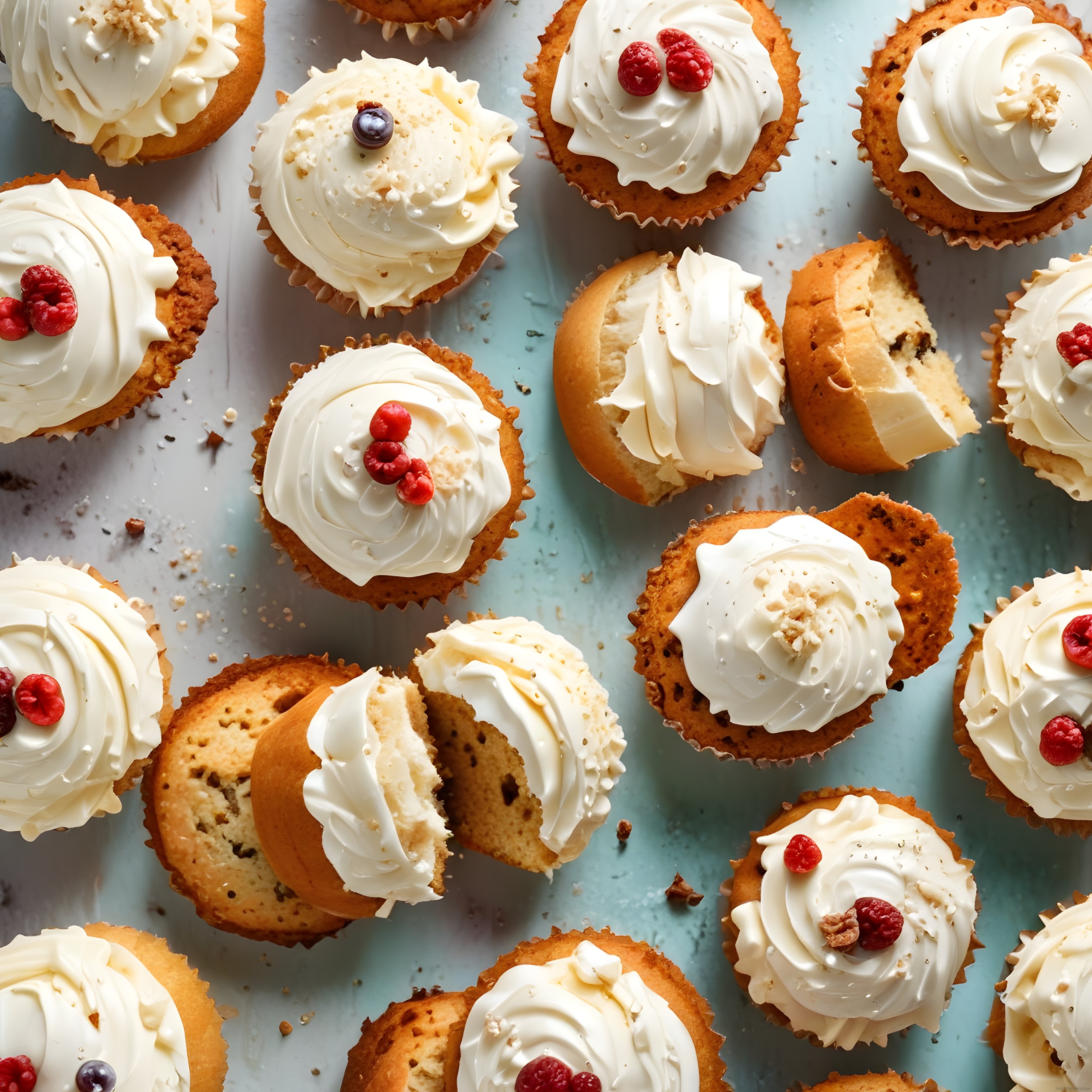Fırından Yeni Çıkmış Kremalı Cupcake'ler ve Orman Meyveli Süslemeler