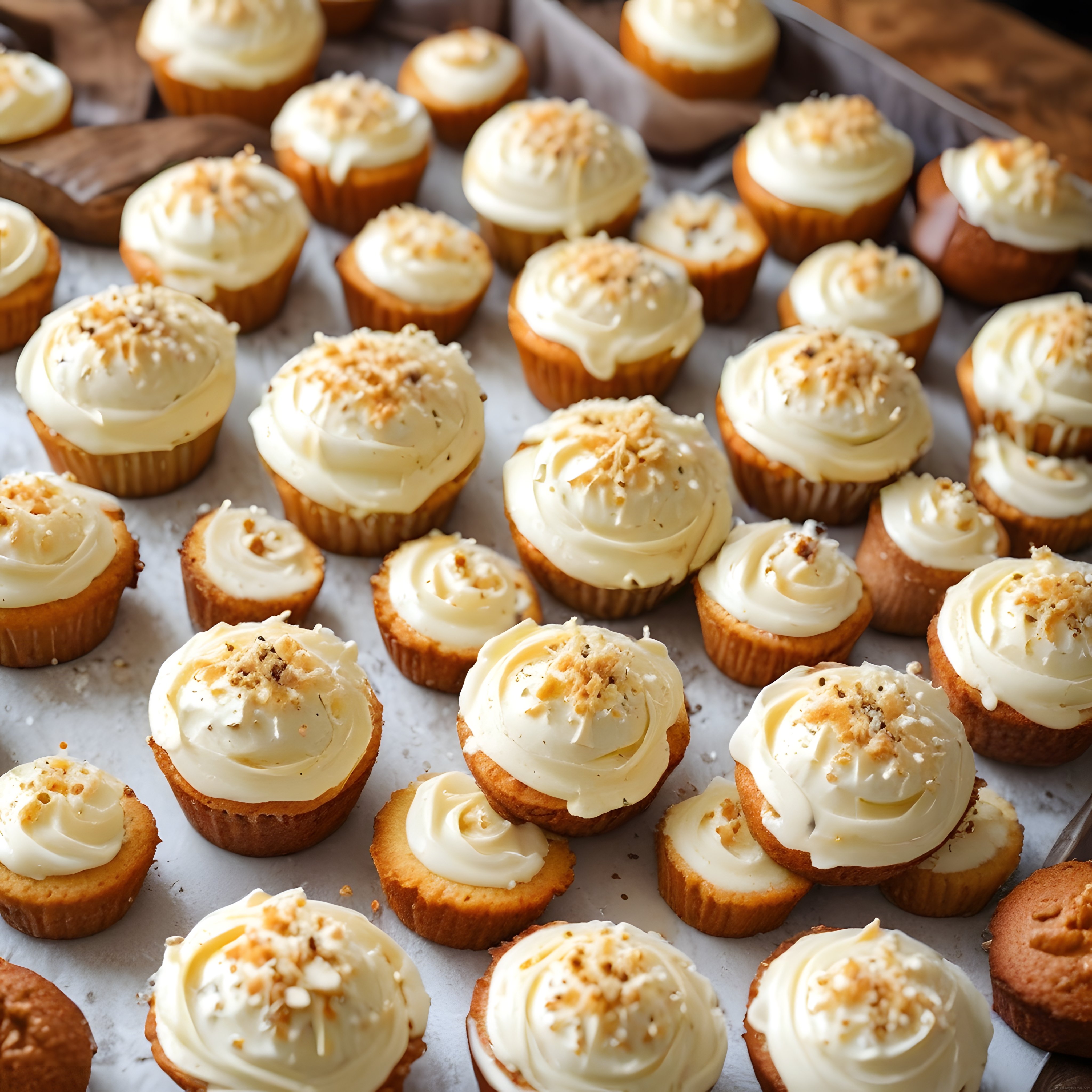 Fırından Yeni Çıkmış Kremalı Hindistan Cevizli Cupcake'ler Tepsi Üzerinde