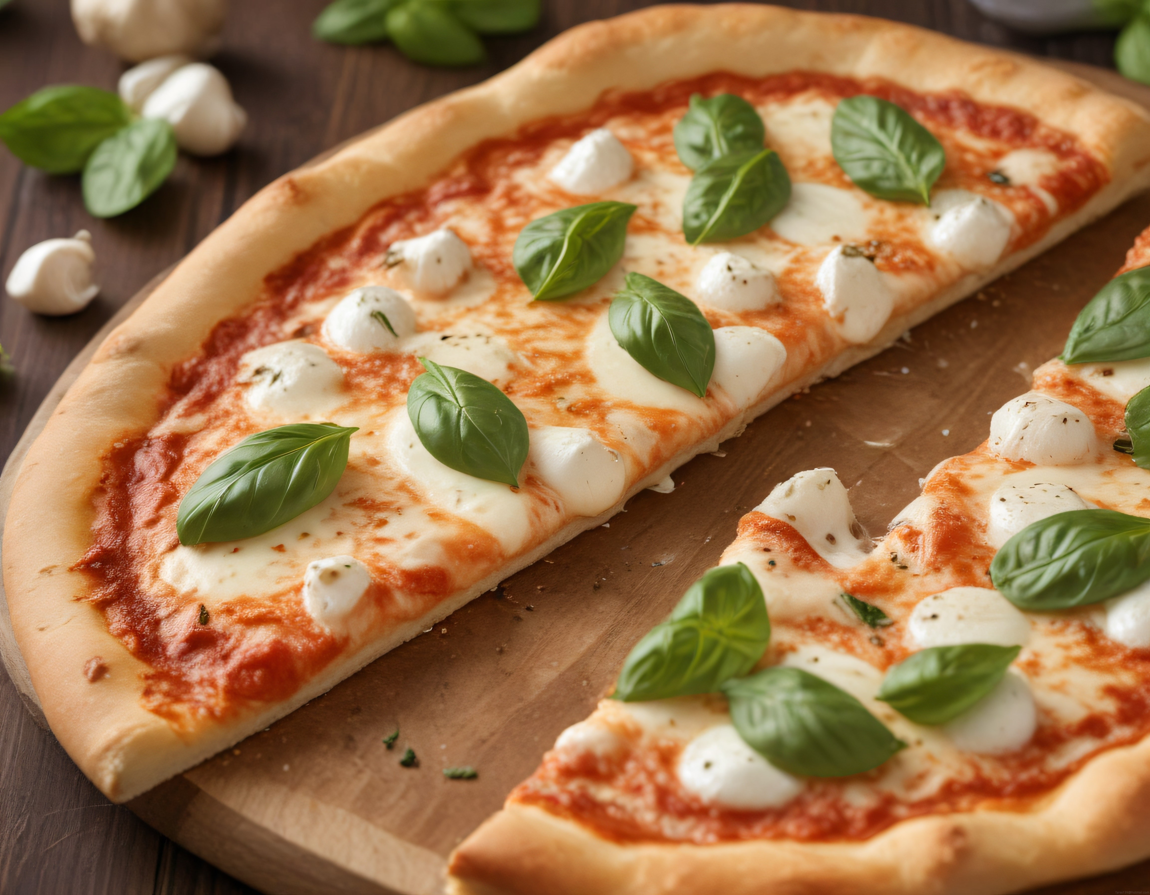 Fırından Yeni Çıkmış Mozzarella Peynirli ve Fesleğenli İtalyan Pizza Sunumu