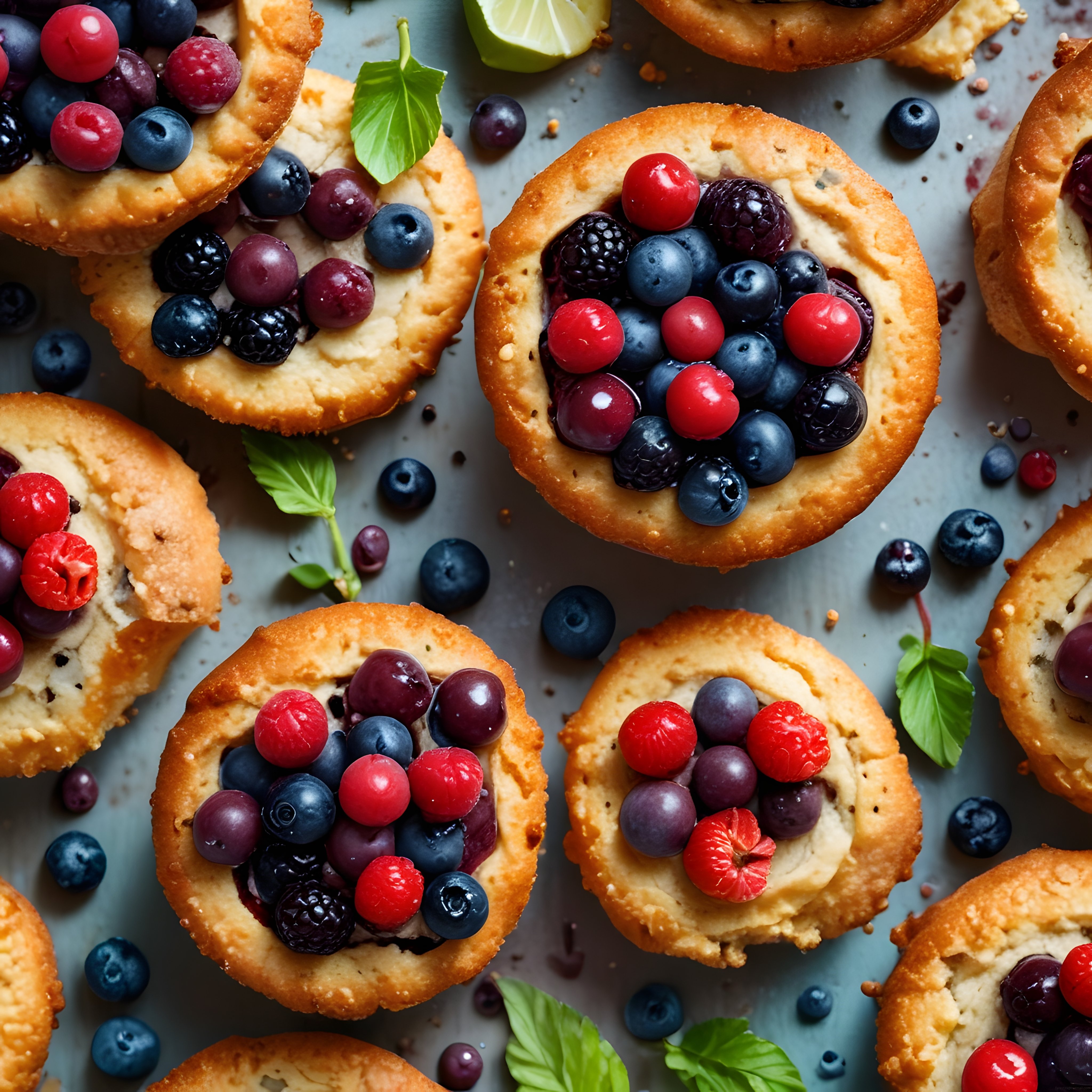 fırından yeni çıkmış orman meyveli mini tartoletler ve çıtır hamur tatlıları