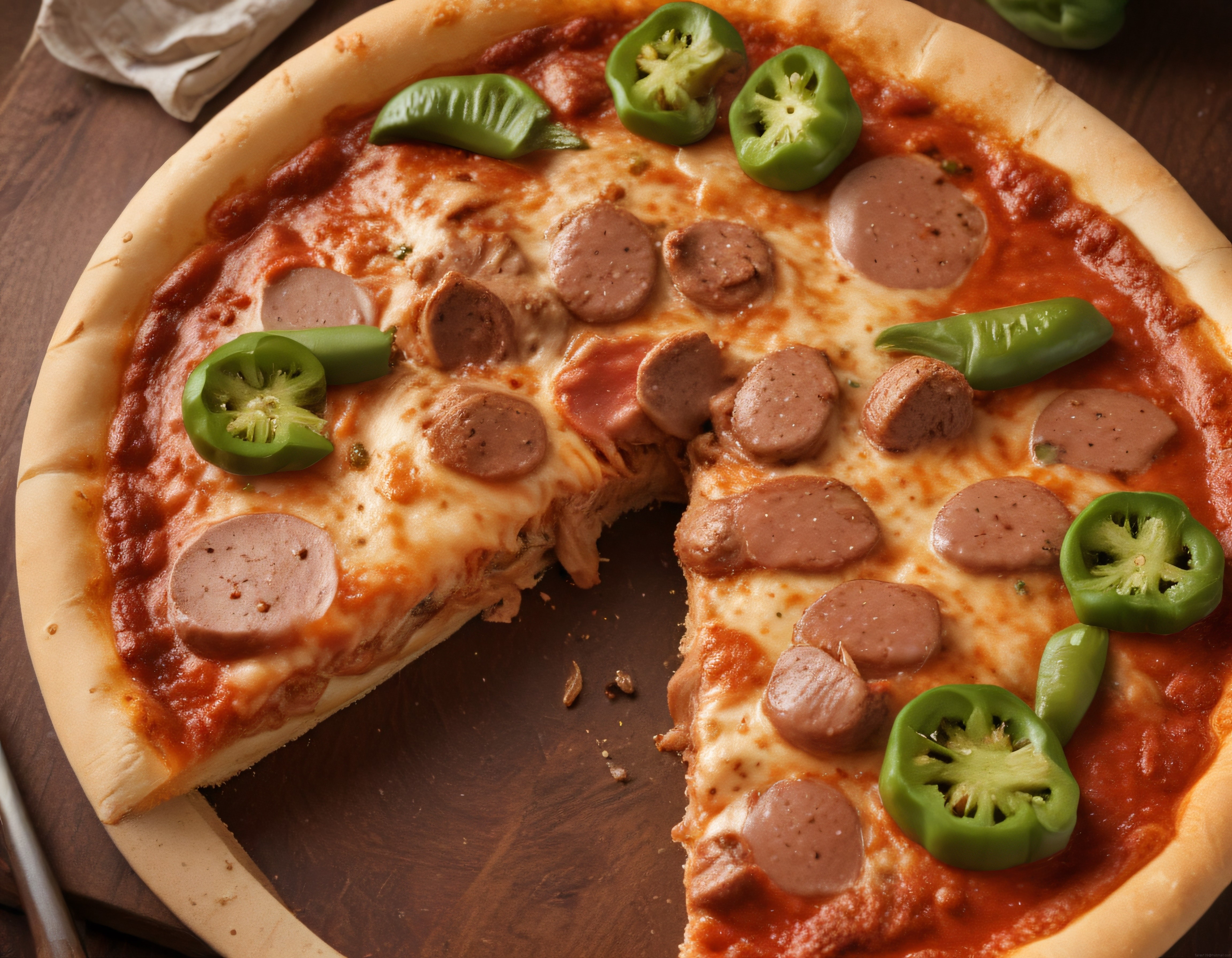 Fırından Yeni Çıkmış Sosis ve Yeşil Biberli Pizza, Ahşap Sunum Tahtası Üzerinde