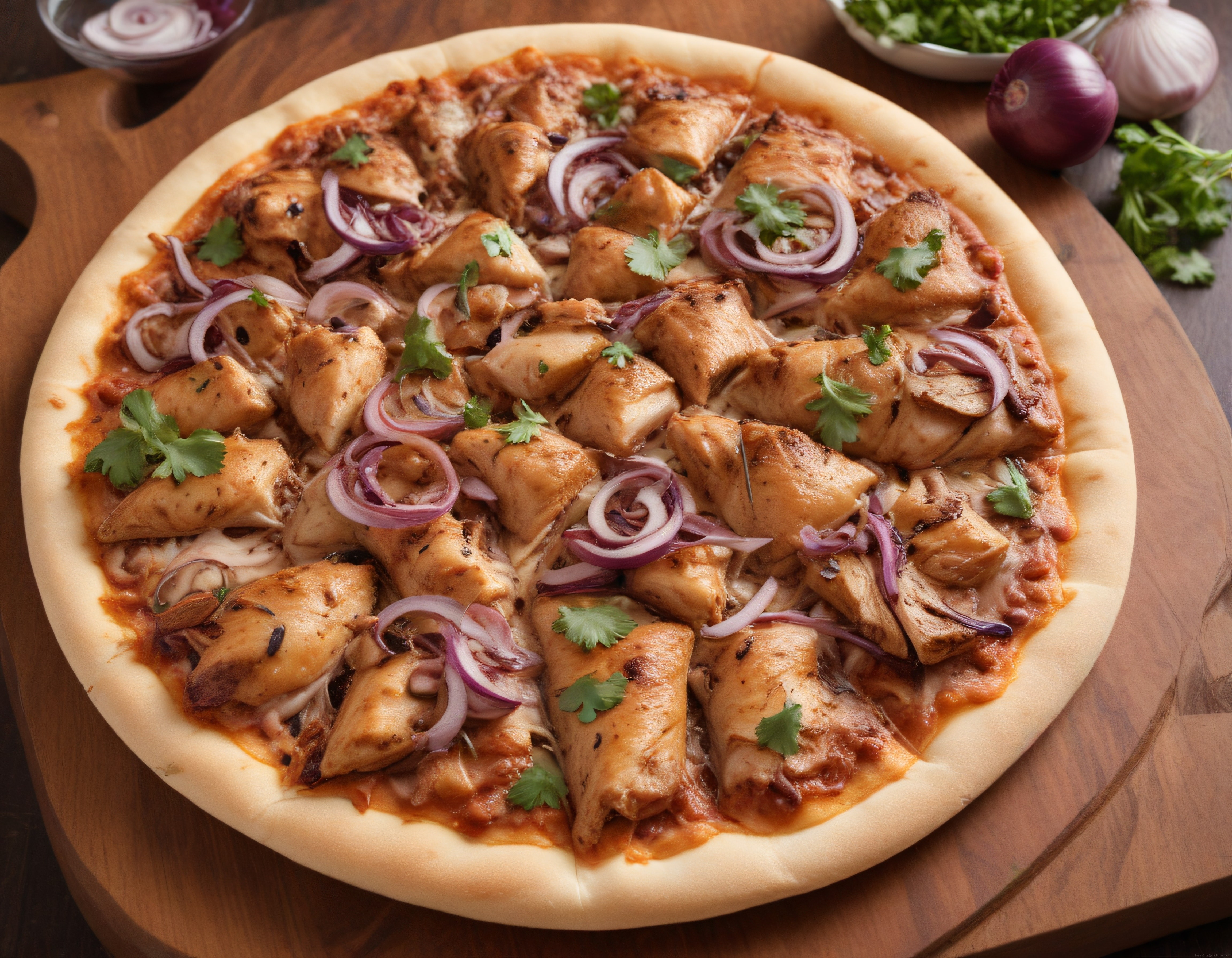 Fırından Yeni Çıkmış Tavuklu Kırmızı Soğanlı Ev Yapımı Pizza Sunumu