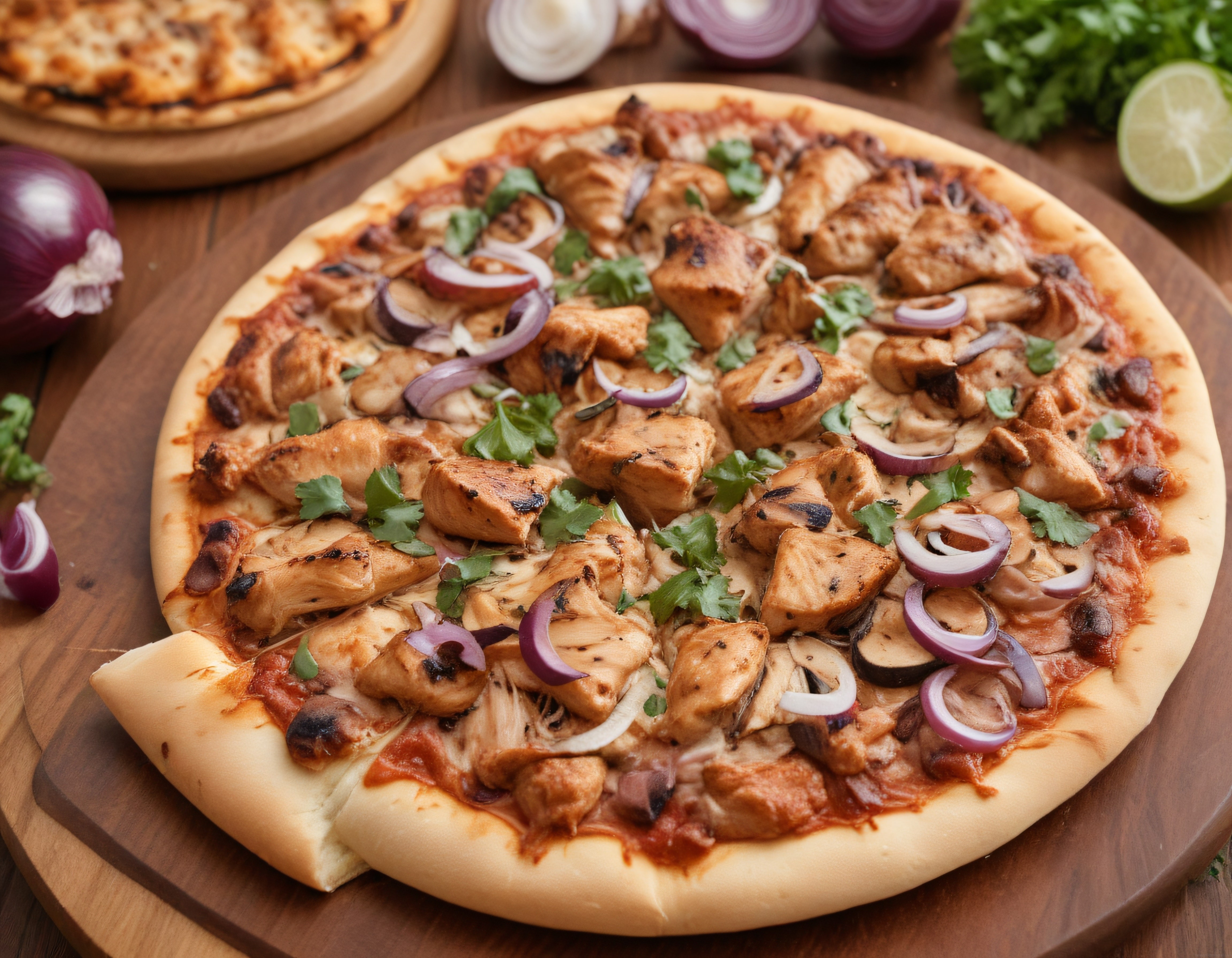Fırından Yeni Çıkmış Tavuklu Mantarlı Ev Yapımı Pizza ve Taze Malzemeler