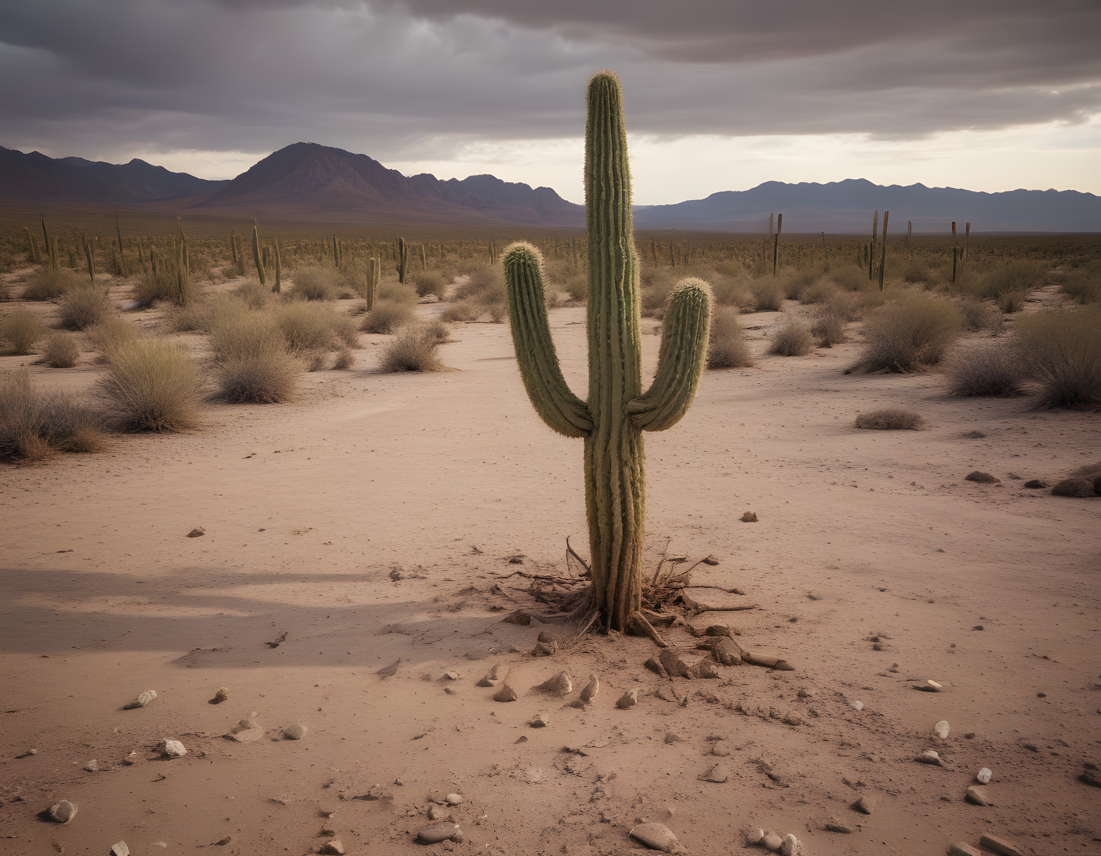 Fırtınalı Gökyüzü Altında Çölde Yalnız Duran Devasa Saguaro Kaktüsü
