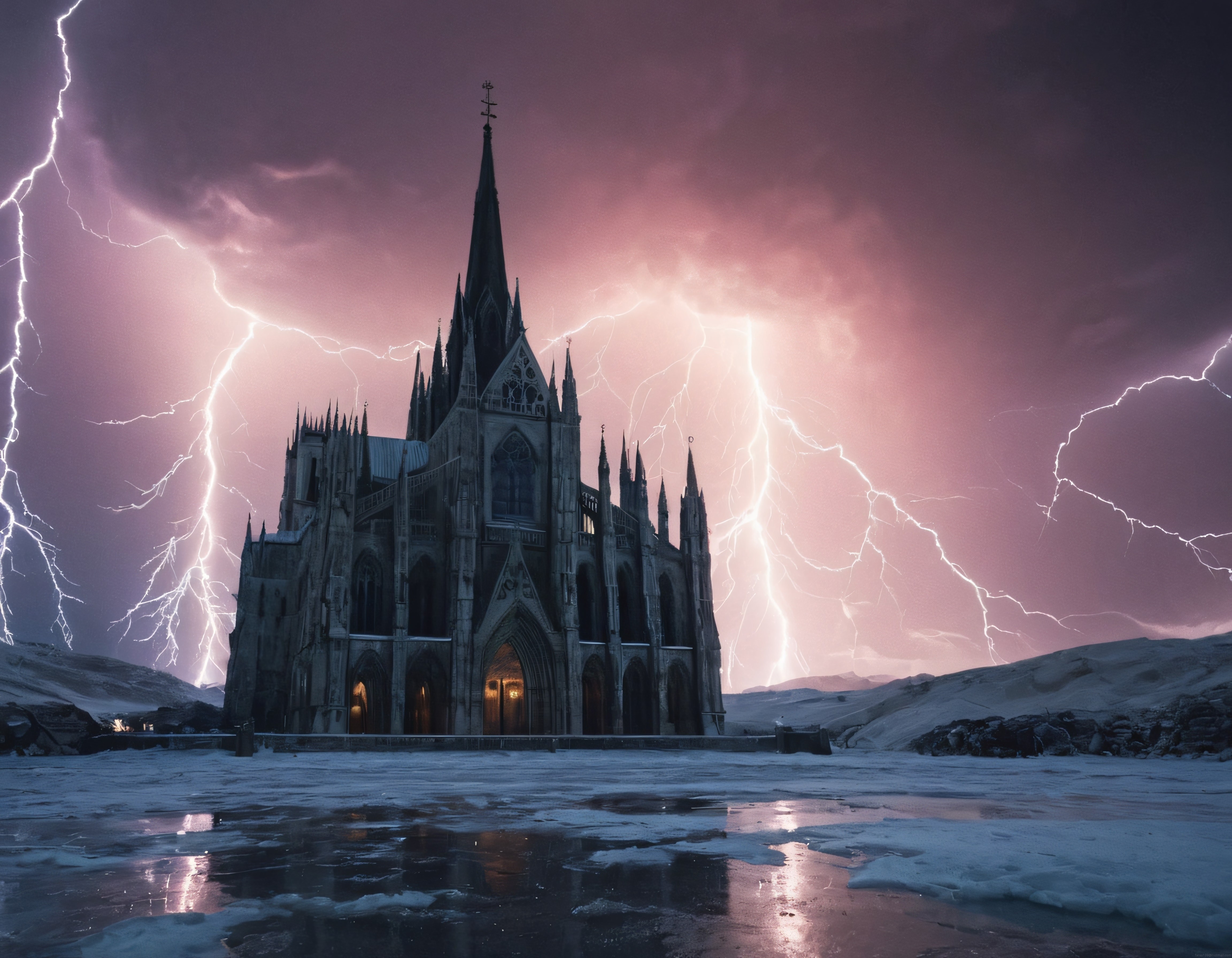 Fırtınalı Gökyüzü ve Yıldırımlar Altında Buzul Araya İnşa Edilmiş Gotik Katedral