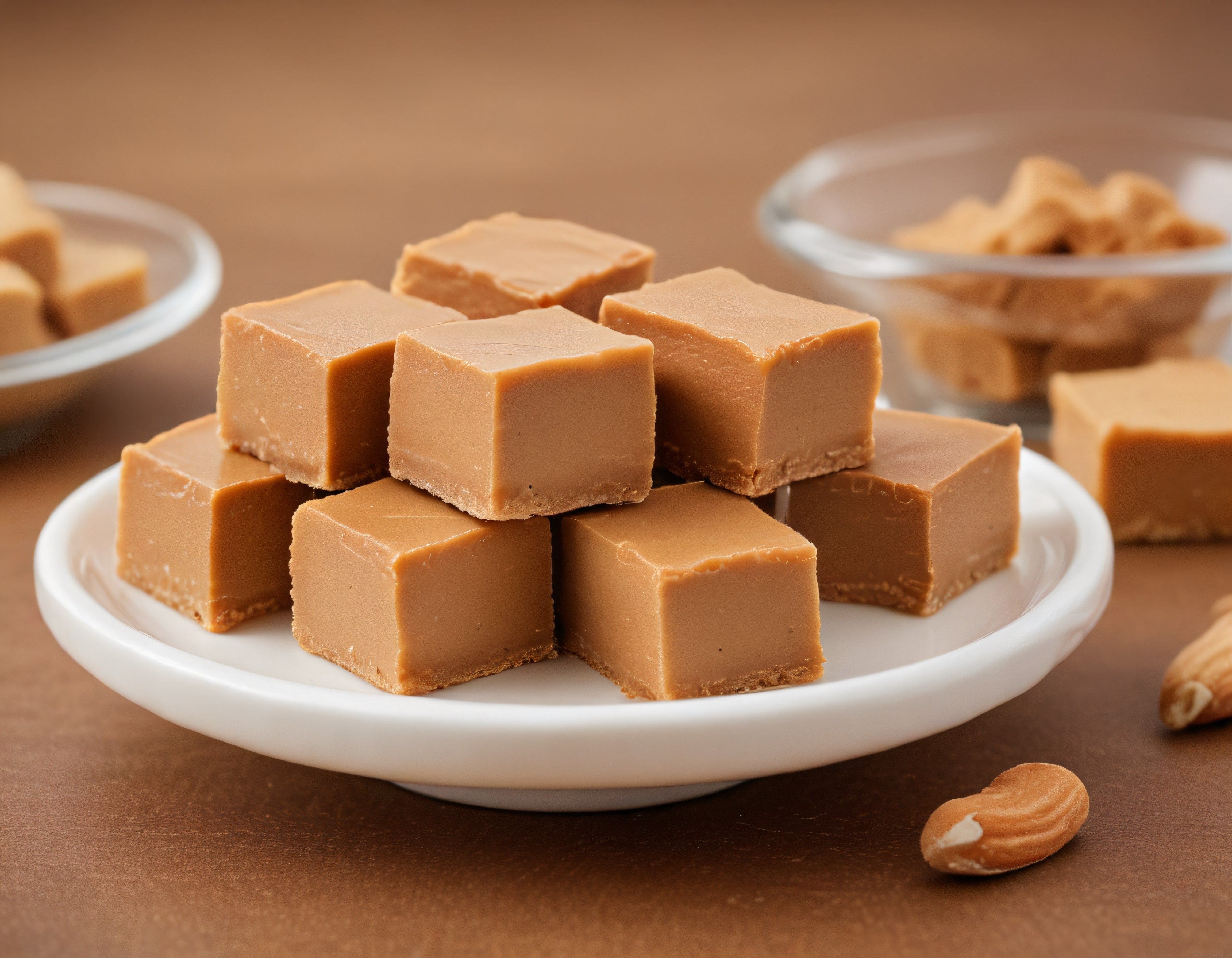 Fıstık Ezmeli Kare Tatlılar ve Beyaz Tabakta Yumuşak Dokulu Fudge Sunumu