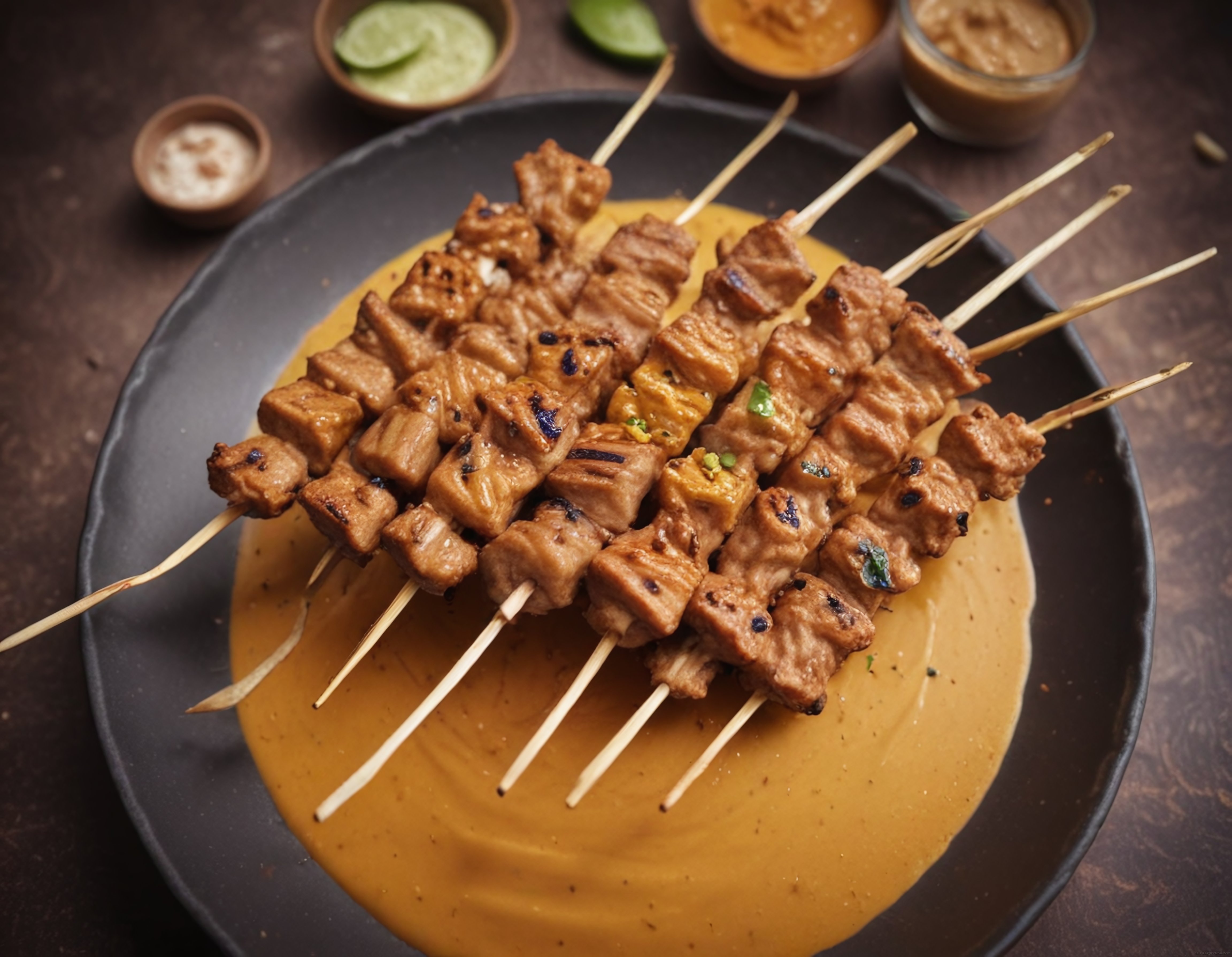 Fıstık ezmeli sos üzerinde sunulan ızgara satay et şişleri ve limon dilimleri