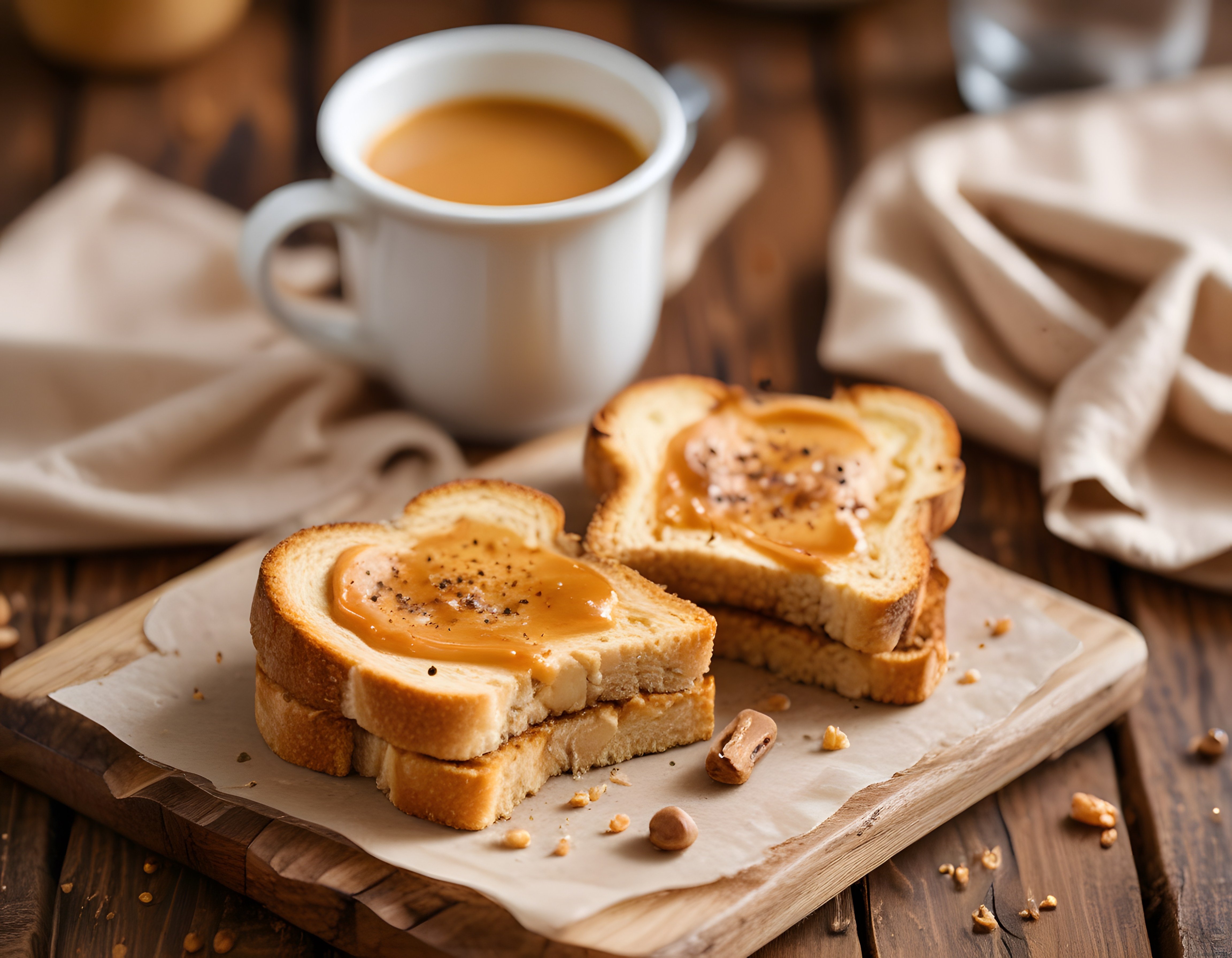 fıstık ezmeli tost dilimleri ve sıcak kahve ile rustik kahvaltı sunumu