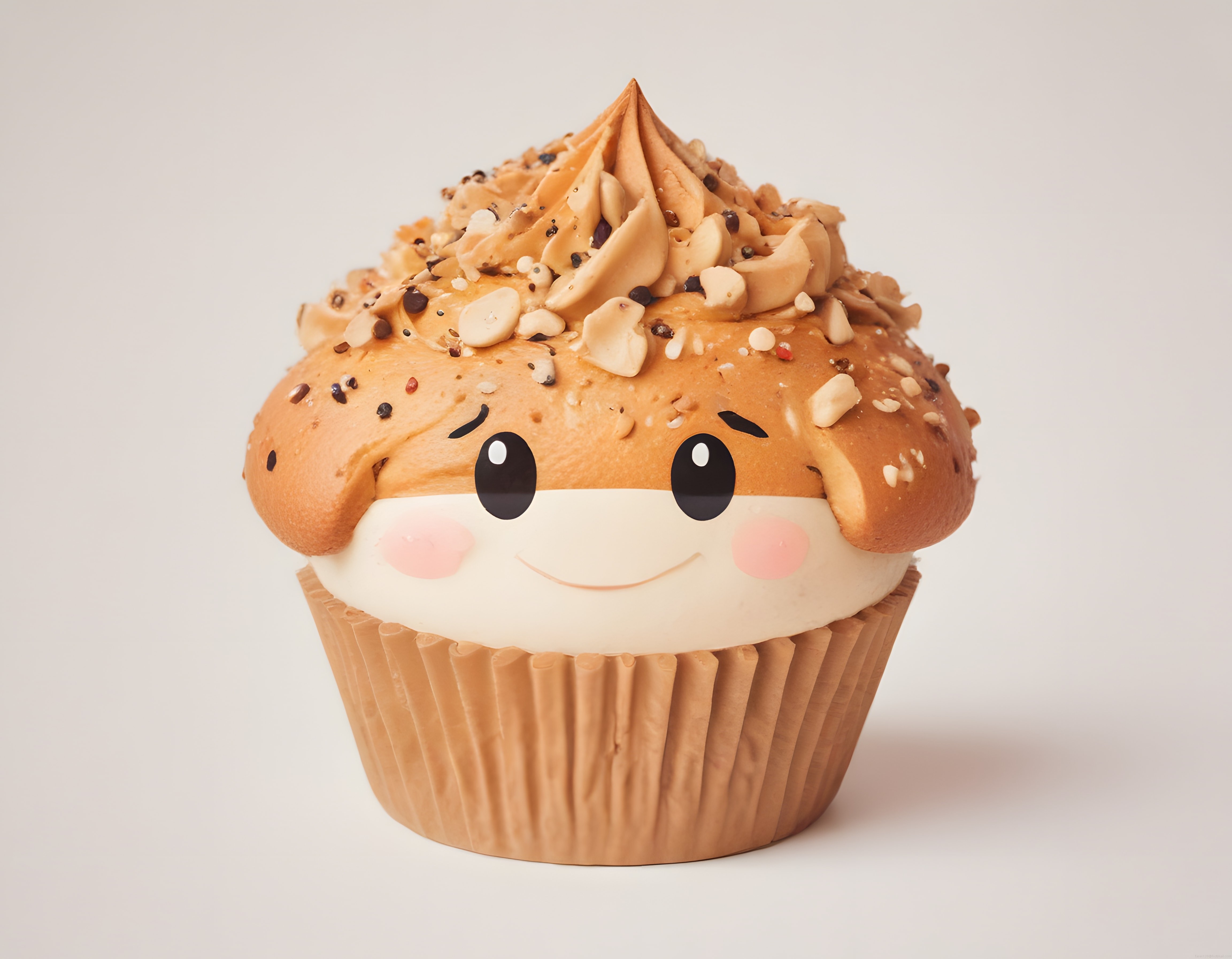 Fıstık Ezmeli ve Badem Parçacıklı Sevimli Cupcake: Kawaii Yüz Tasarımı