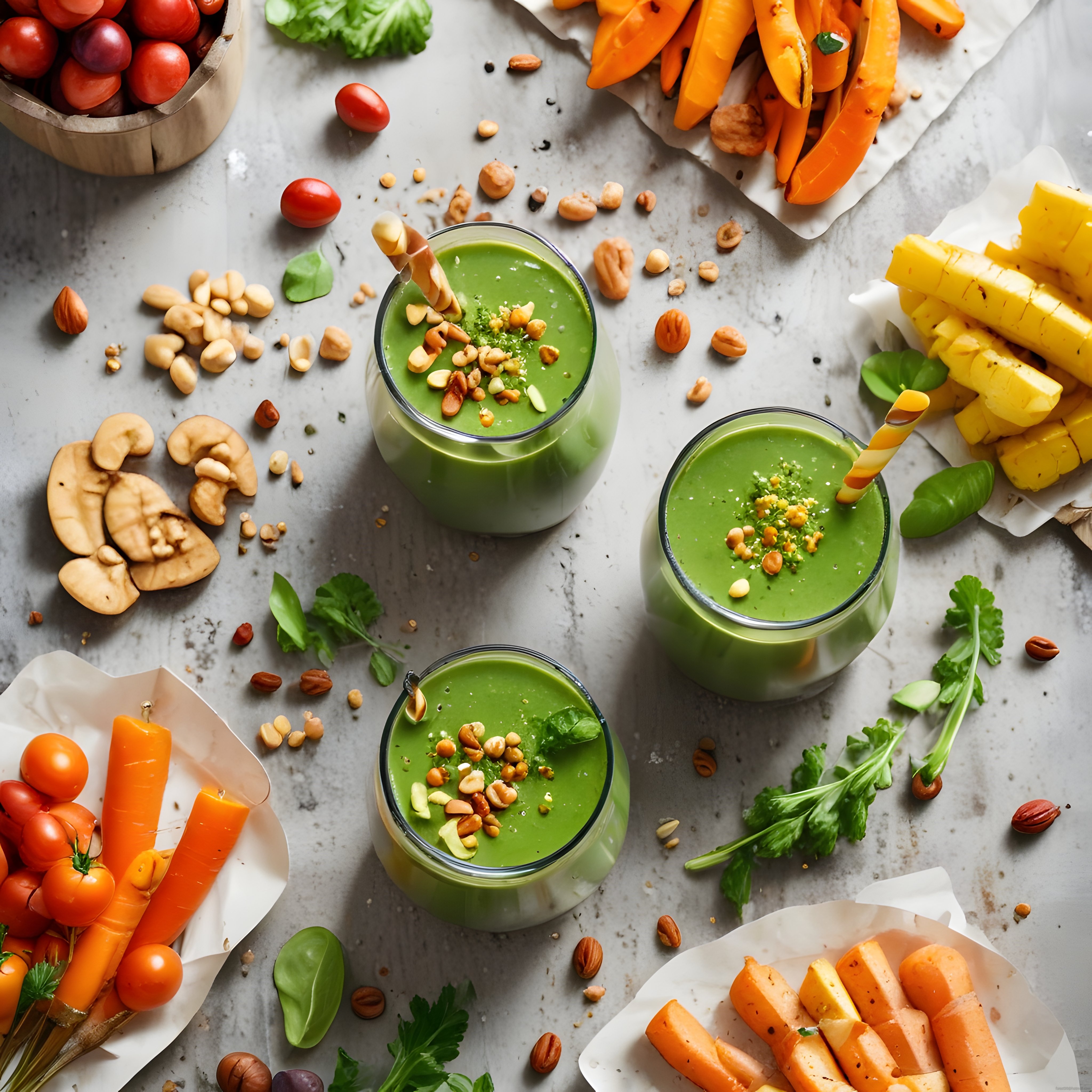 Fıstıklı yeşil smoothie ve taze sebzeler üst görünüm