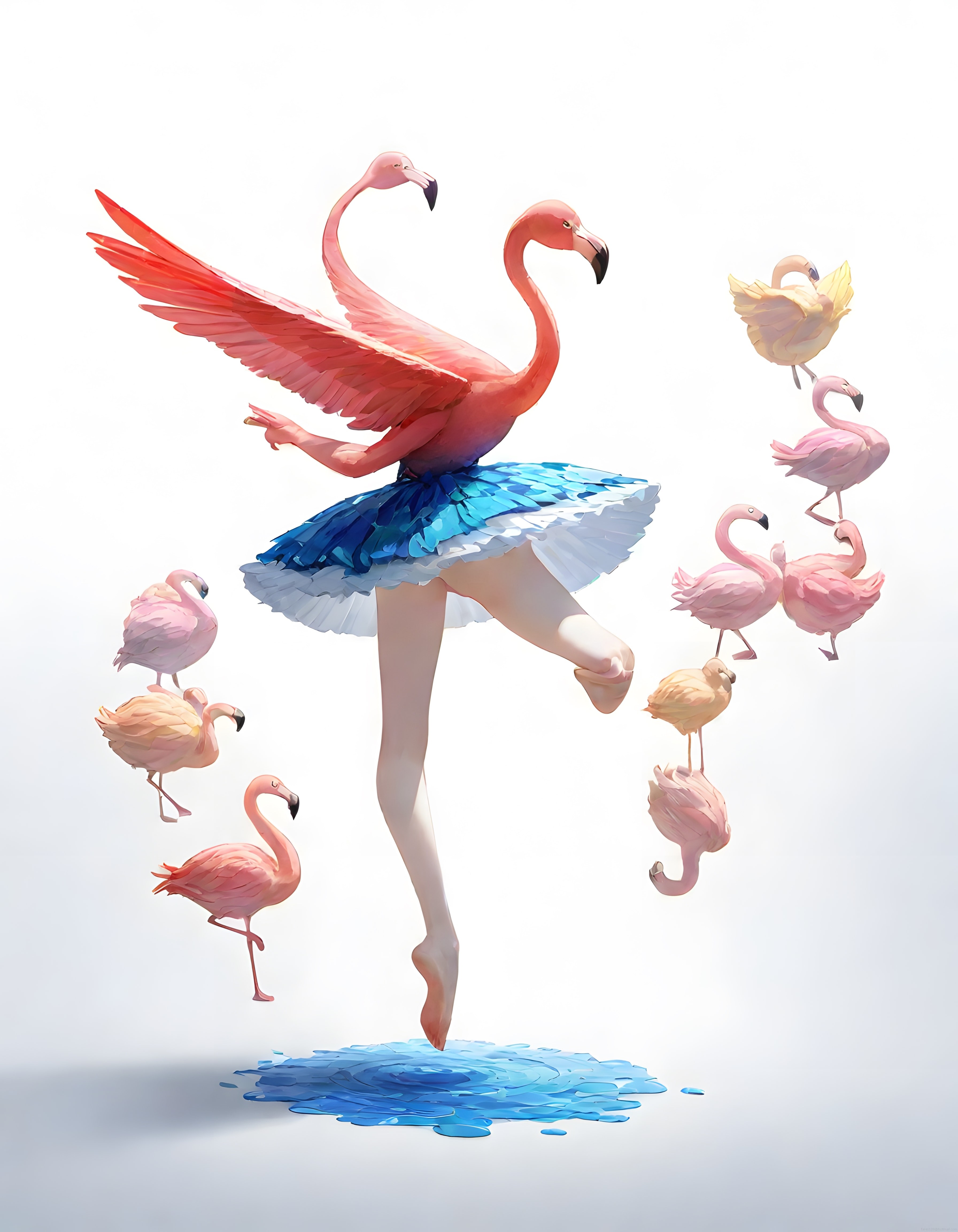 Flamingo Başlı Balerin: Fantastik Dijital Sanat İllüstrasyonu ve Dans