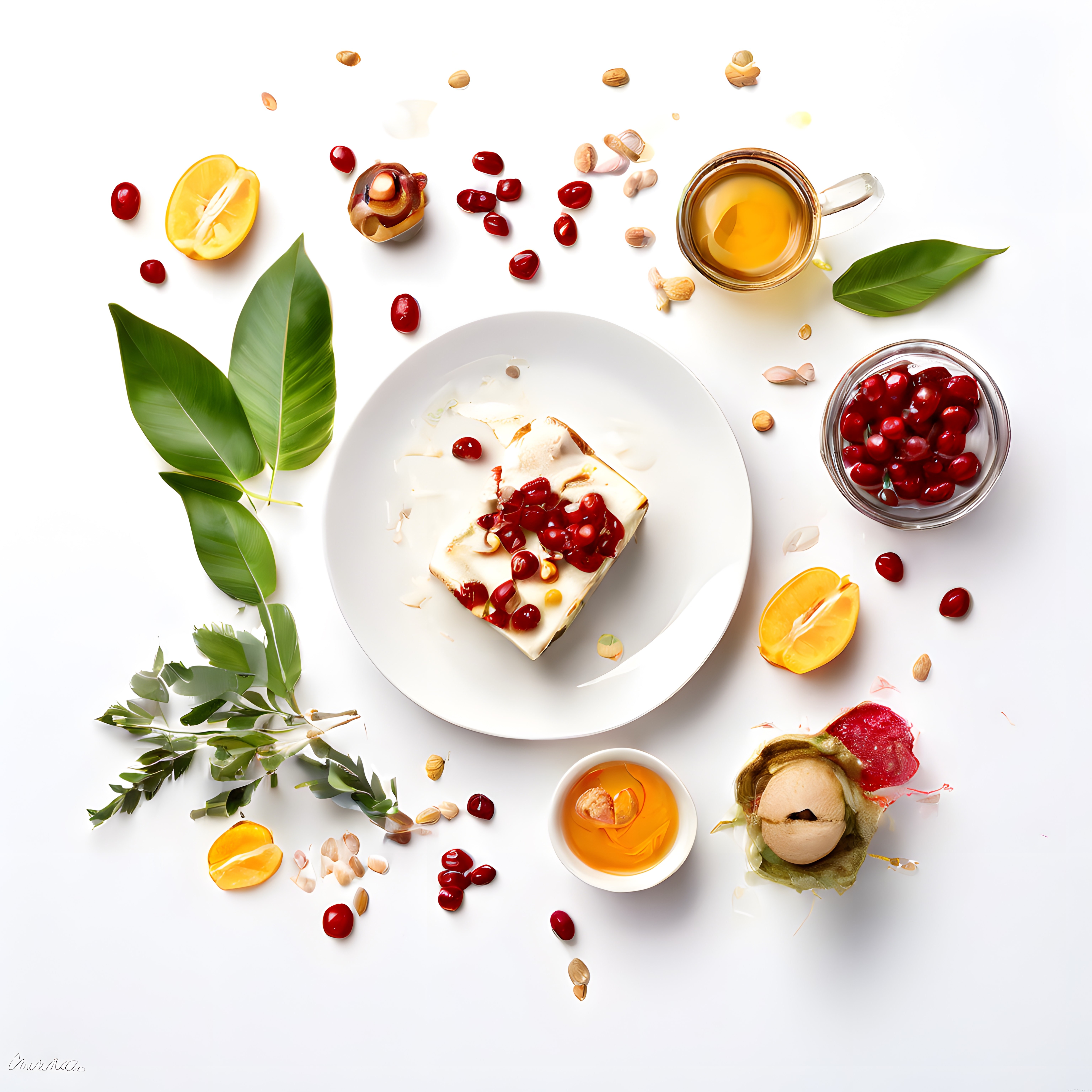 Flat Lay Stilde Kremalı Tatlı Dilimi, Nar Taneleri ve Bitki Yapraklarıyla Sunum