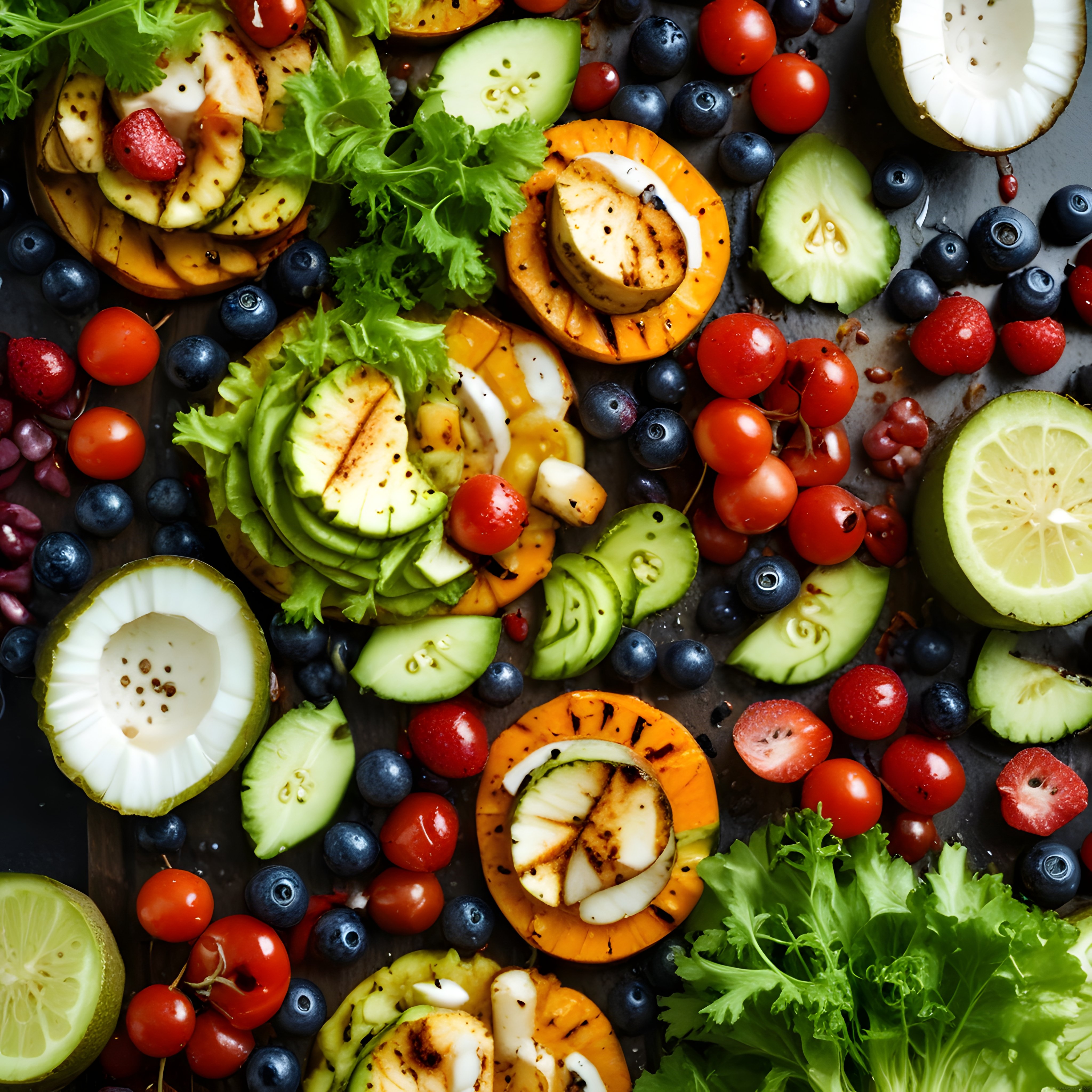 Flat Lay Stilinde Renkli Meyve ve Sebzelerle Sağlıklı Beslenme Kompozisyonu