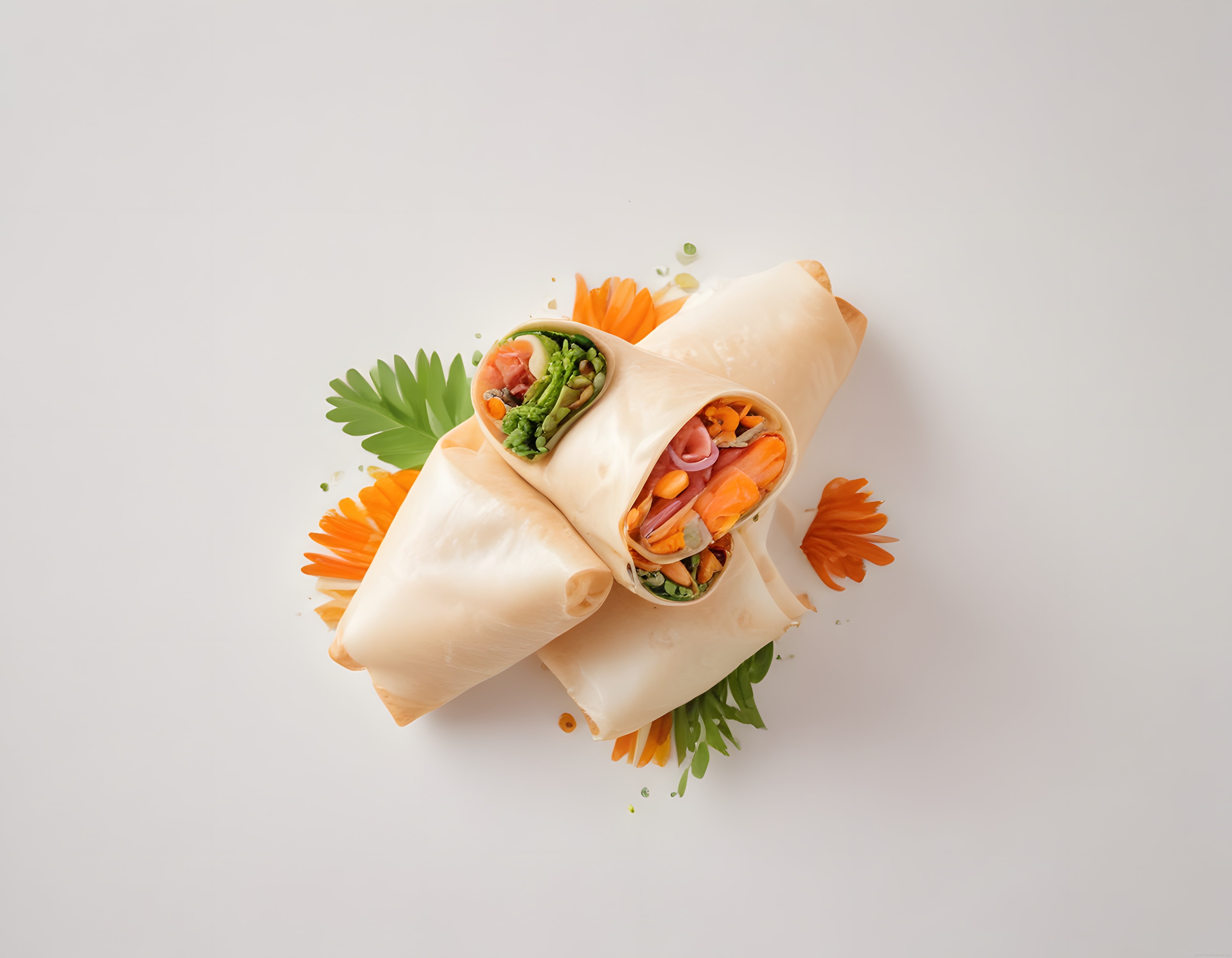 Flat Lay Stüdyo Çekiminde Sebzeli ve Baharatlı Taze Rulo Börek Sunumu