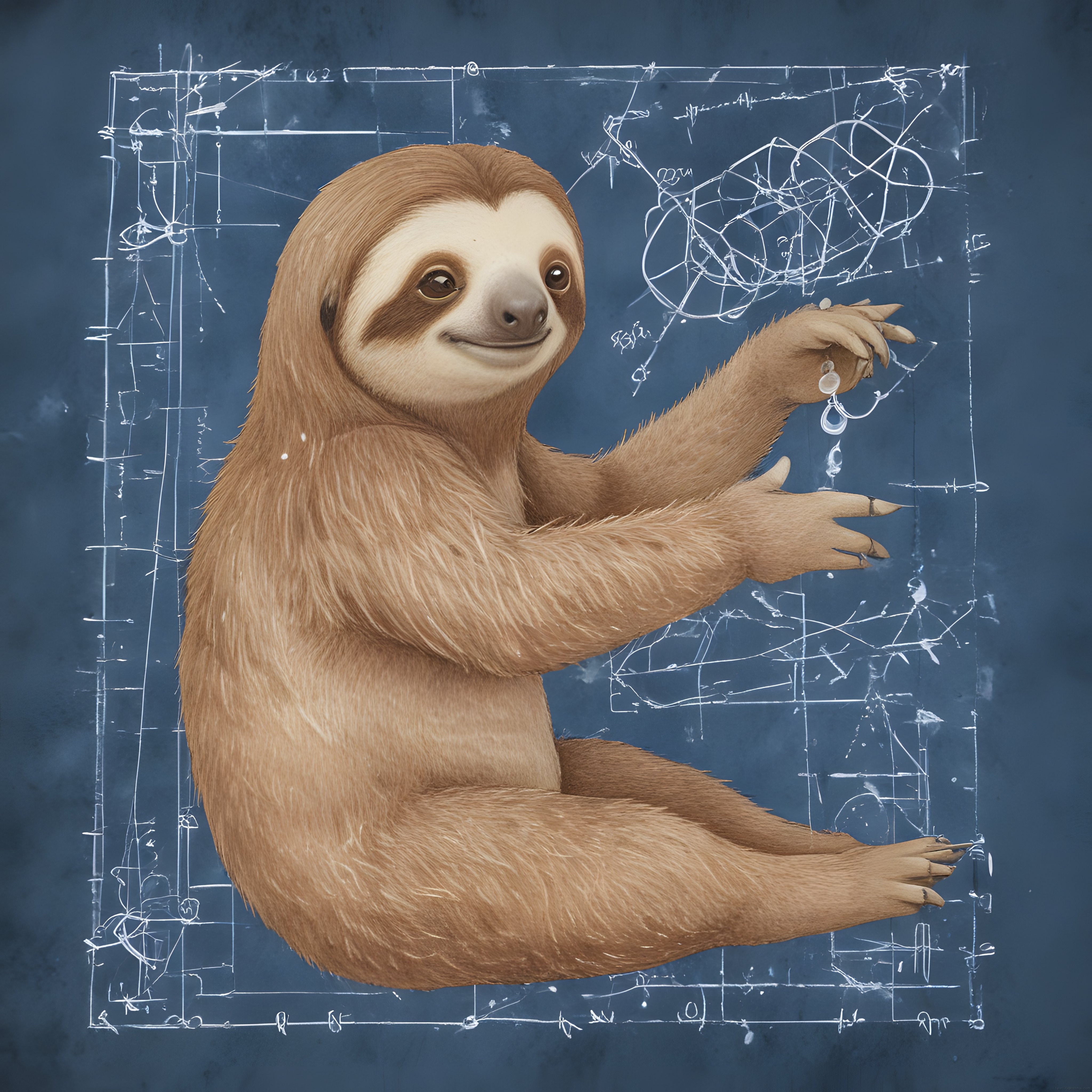 Formül çözen tembel hayvan matematik tahtası önündeki sevimli sloth