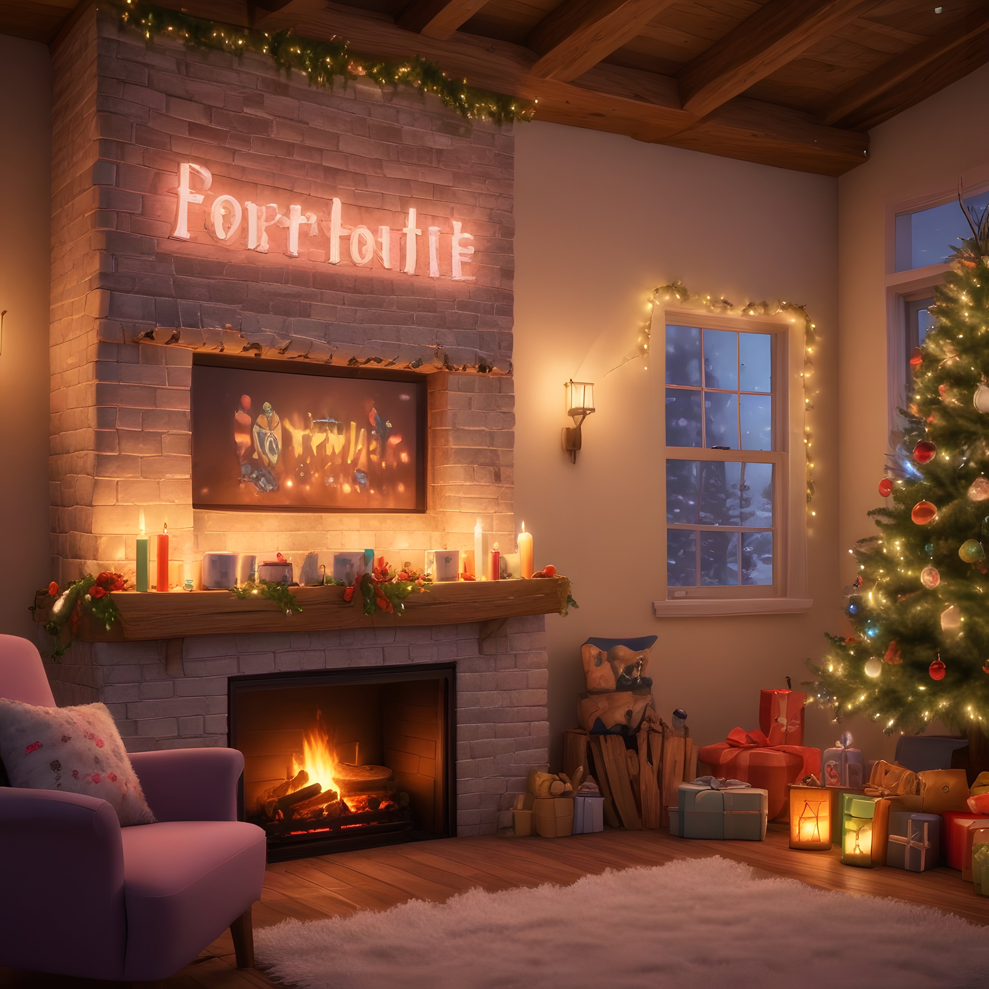 Fortnite Oyunundan Esintiler Taşıyan Sıcacık Yılbaşı Şömine Başı Oturma Odası