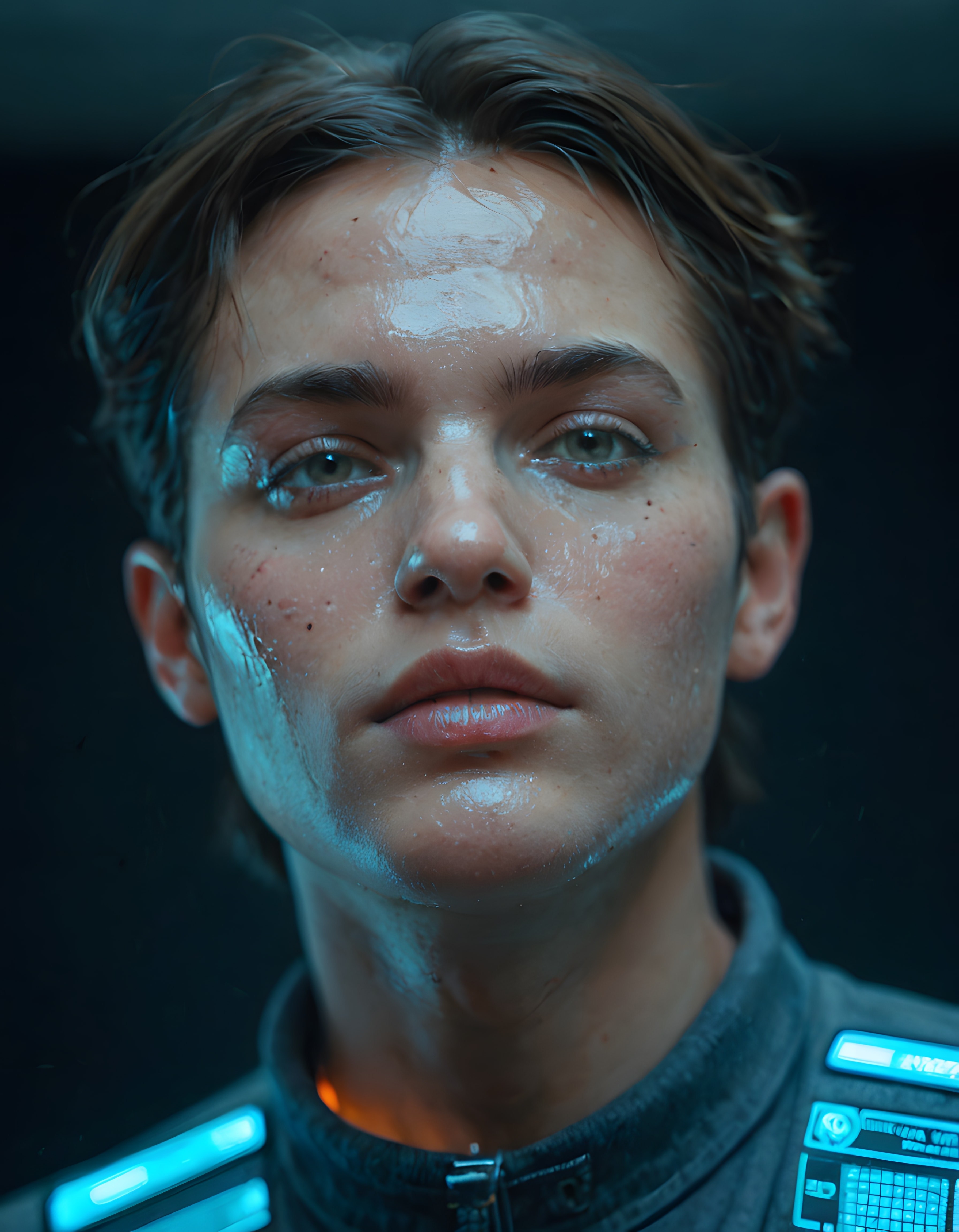 Fotorealistik bilimkurgu karakter portresi ve neon ışıklı zırh detayları