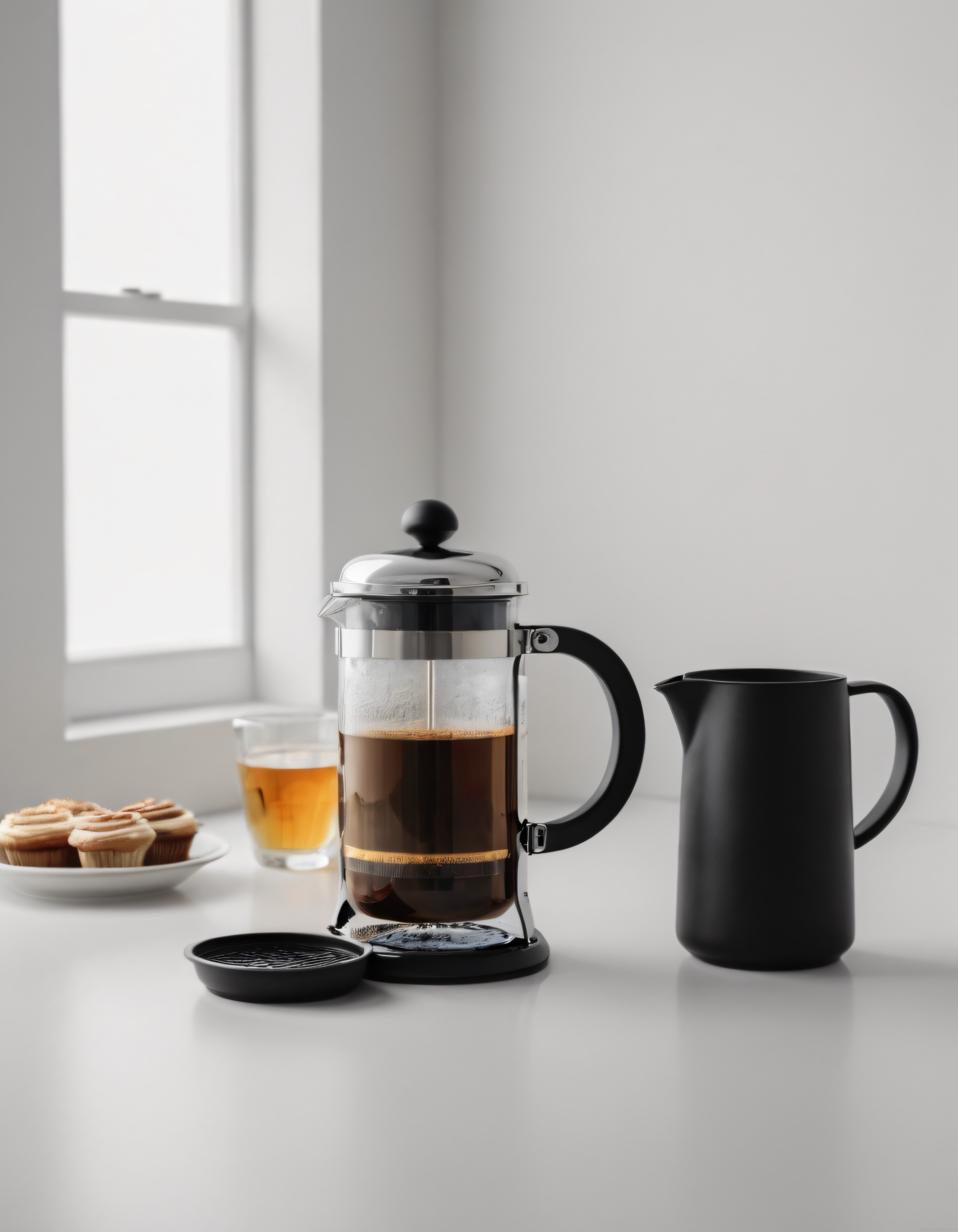French Press Kahve, Siyah Sürahi ve Taptaze Muffinlerle Sakin Bir Sabah