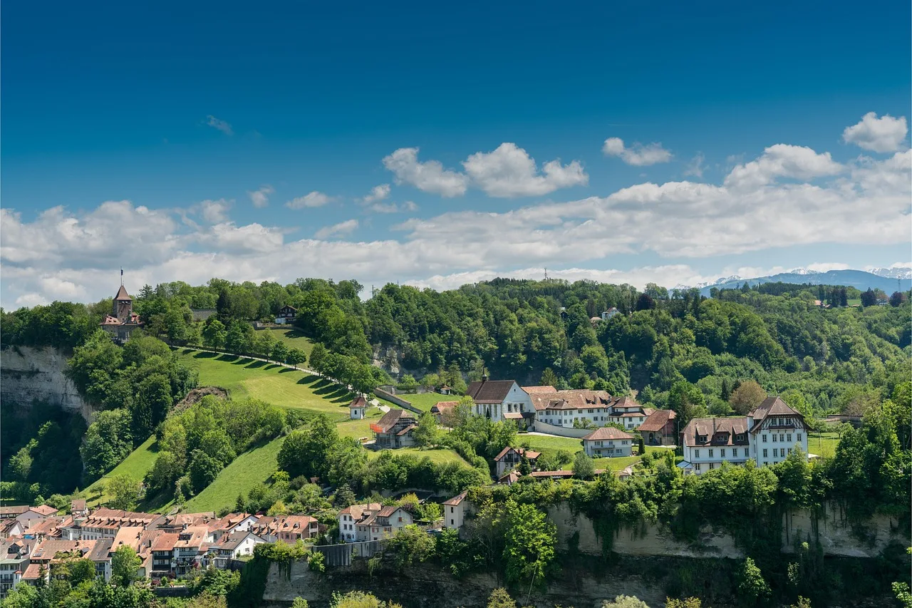 Fribourg tarihi şehir manzarası - yeşil köy