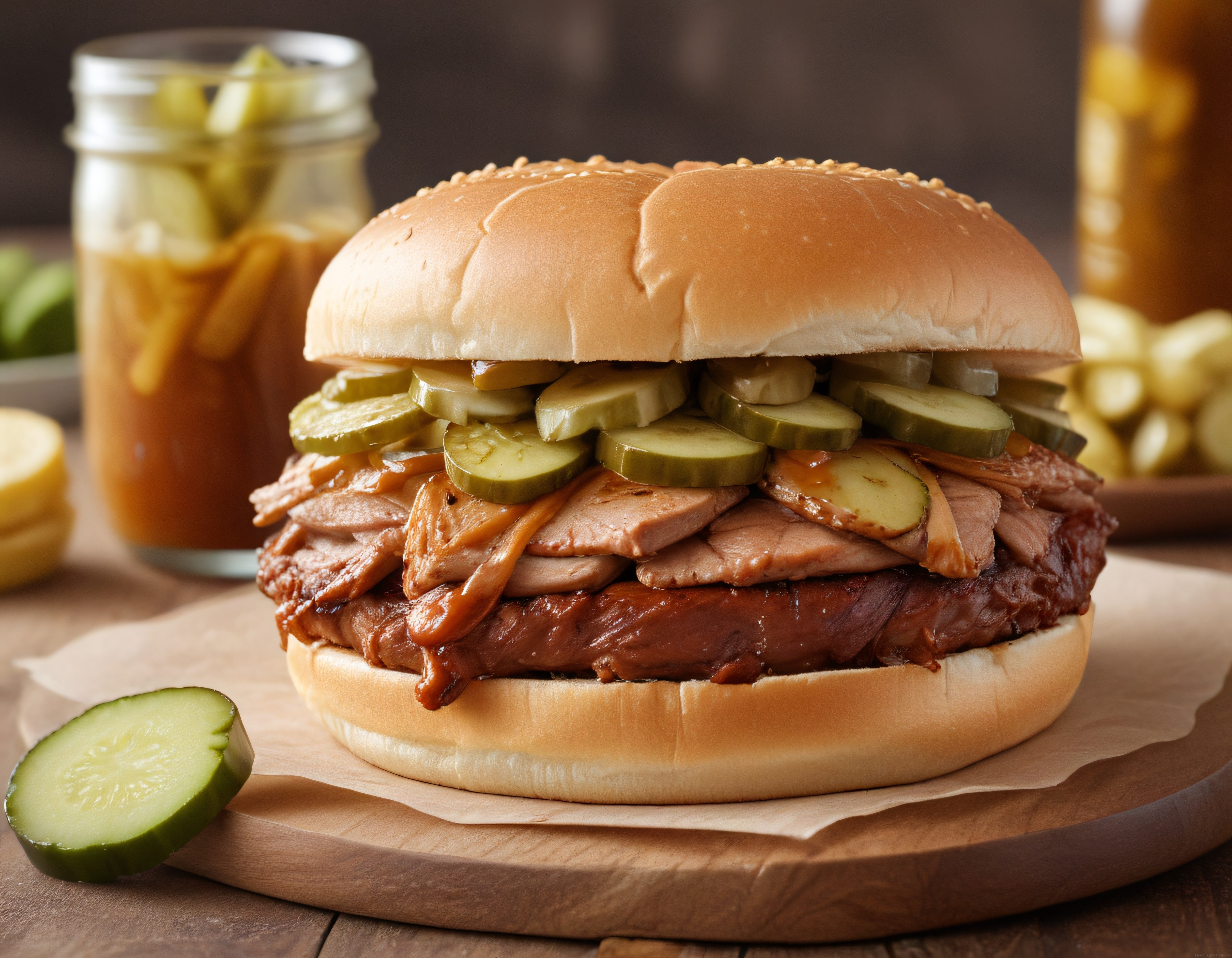 Füme etli barbekü burger, taze turşu dilimleriyle rustik sunum