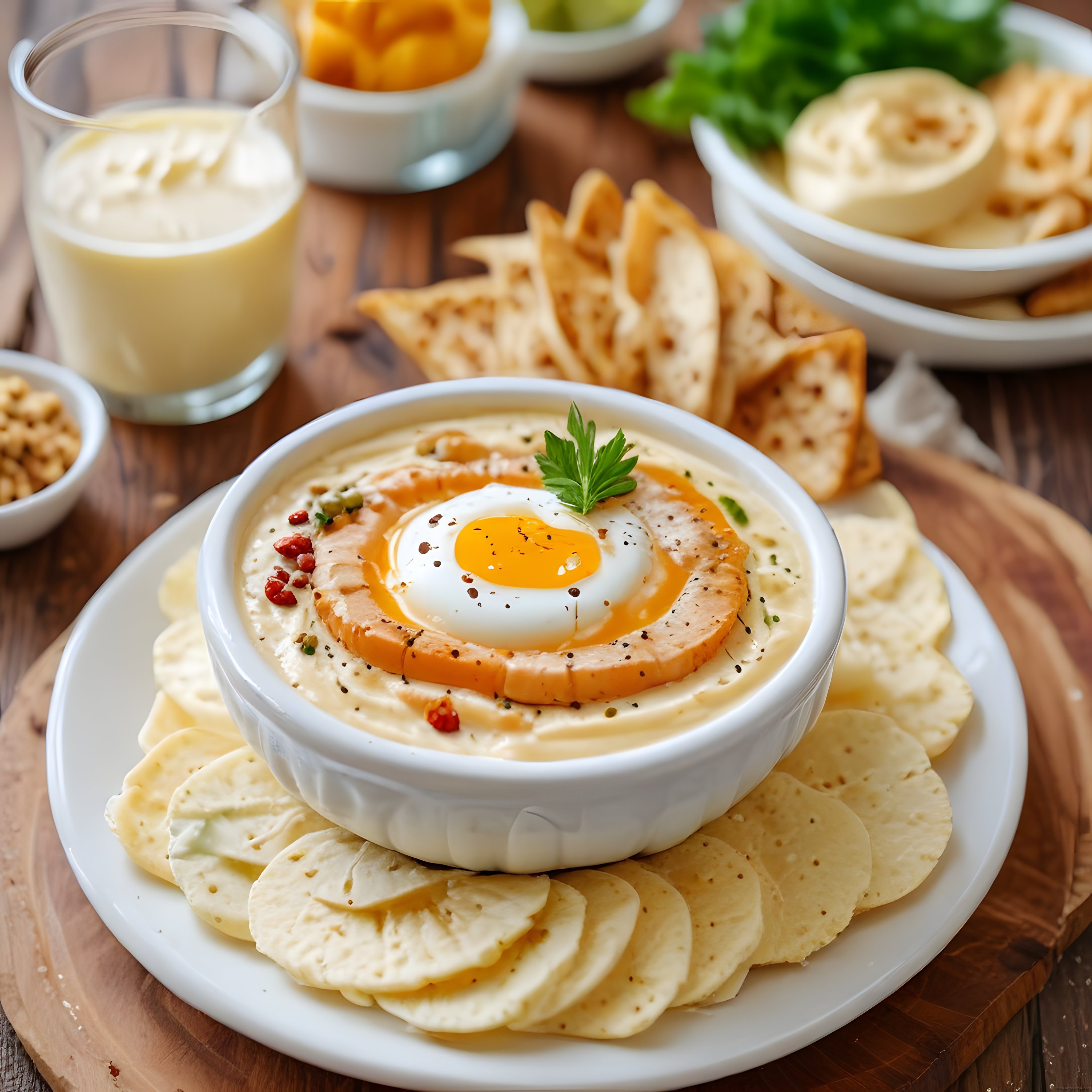 Füme Etli Yumurtalı Kremalı Dip Sos ve Kahvaltılık Cips Sunumu