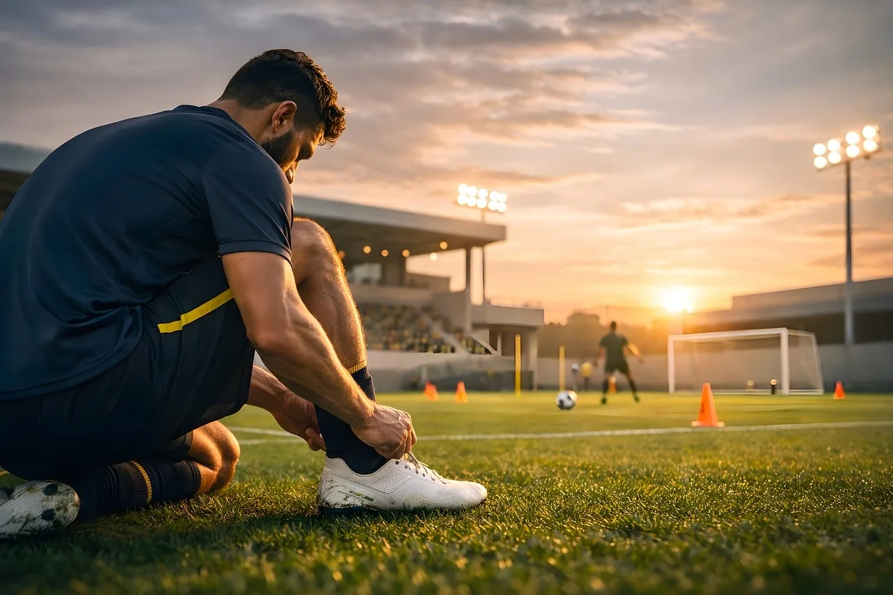 Futbol oyuncusu antrenman sahasında - günbatımı ışığı