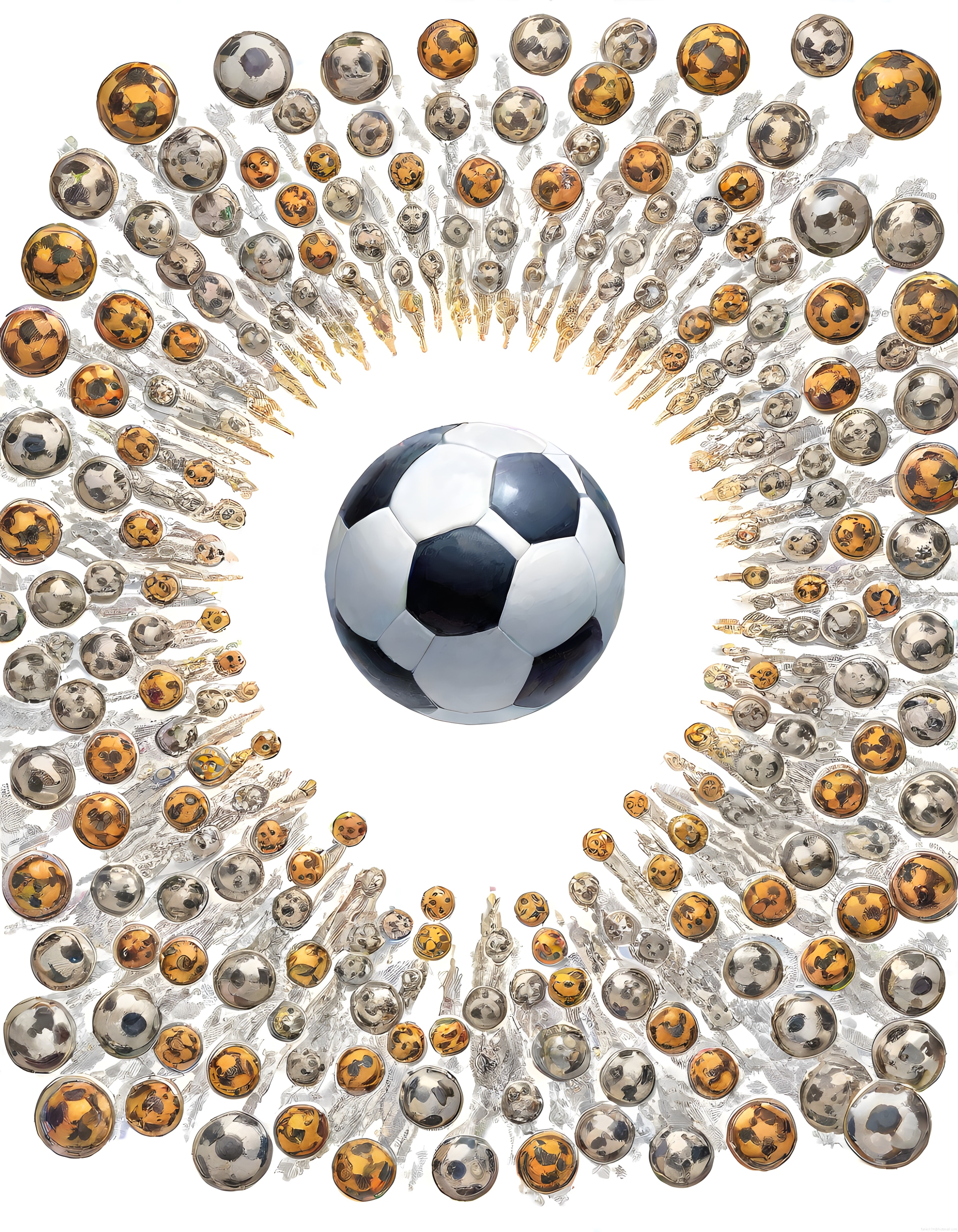 futbolun büyüsü merkezdeki klasik top ve etrafında altın gümüş top dairesi