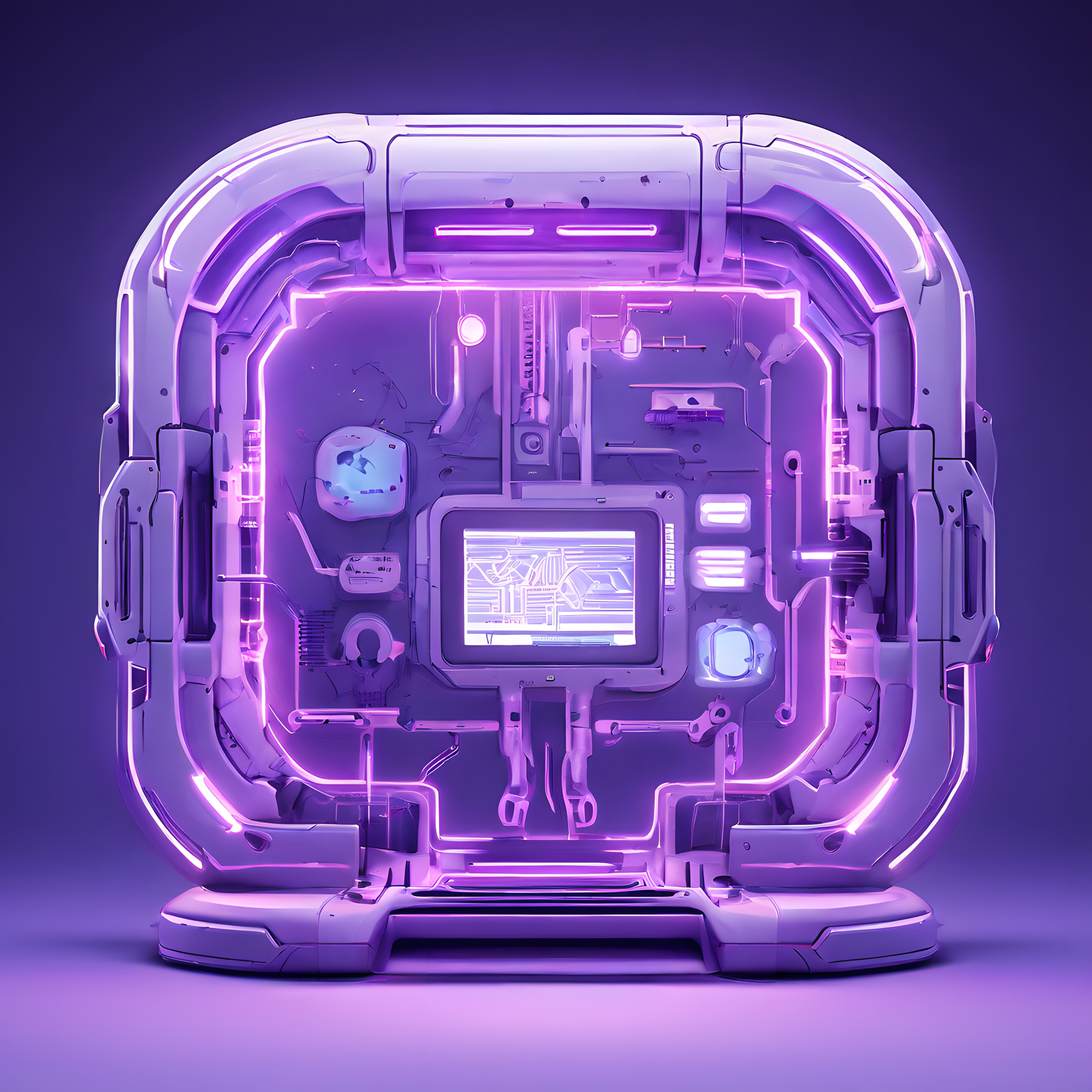 Fütüristik App Store İkonu: Neon Mor Işıklarla Cyberpunk Oyun Konsolu Tasarımı