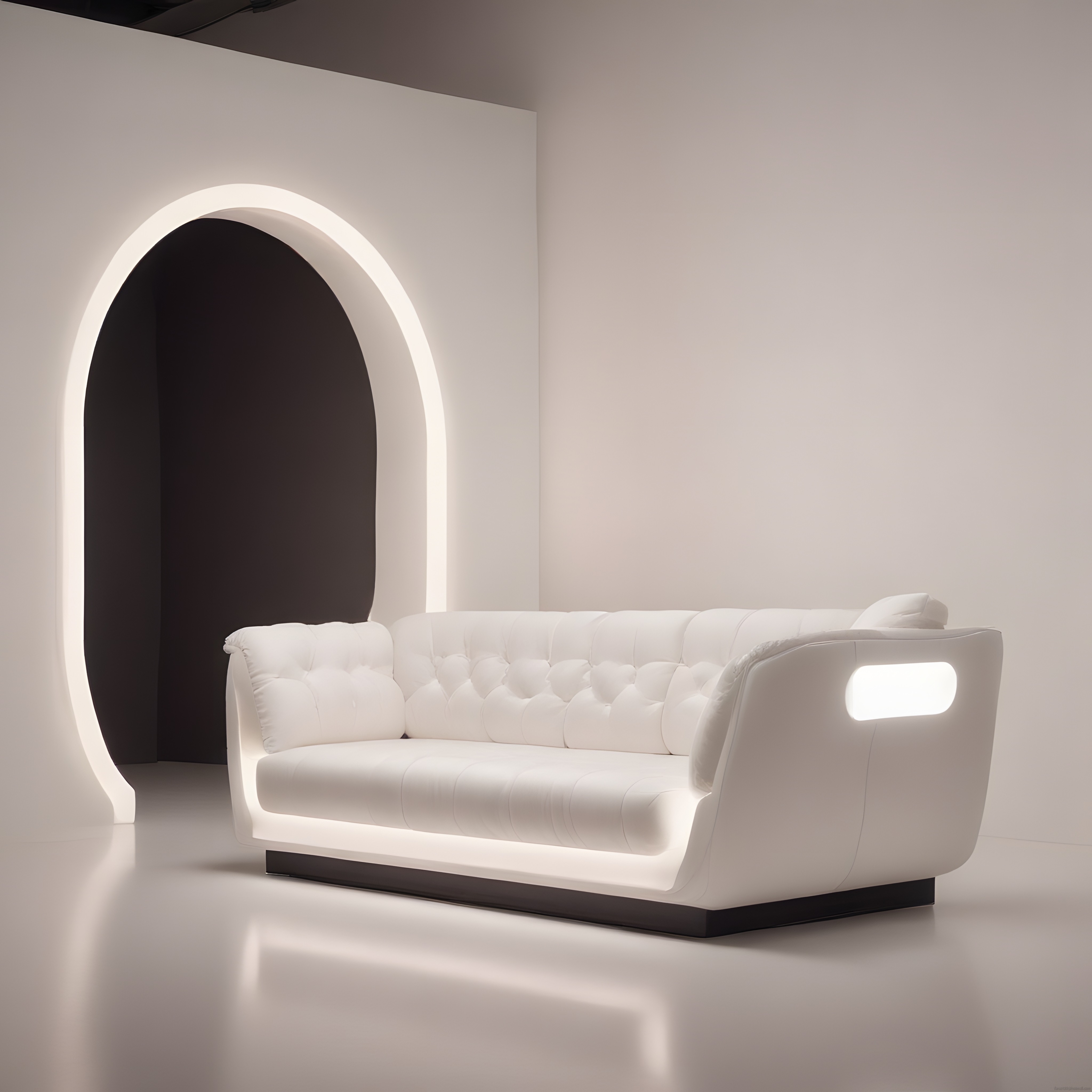Fütüristik Beyaz Kanepe ve LED Işıklı Minimalist Lüks Salon Dekorasyonu