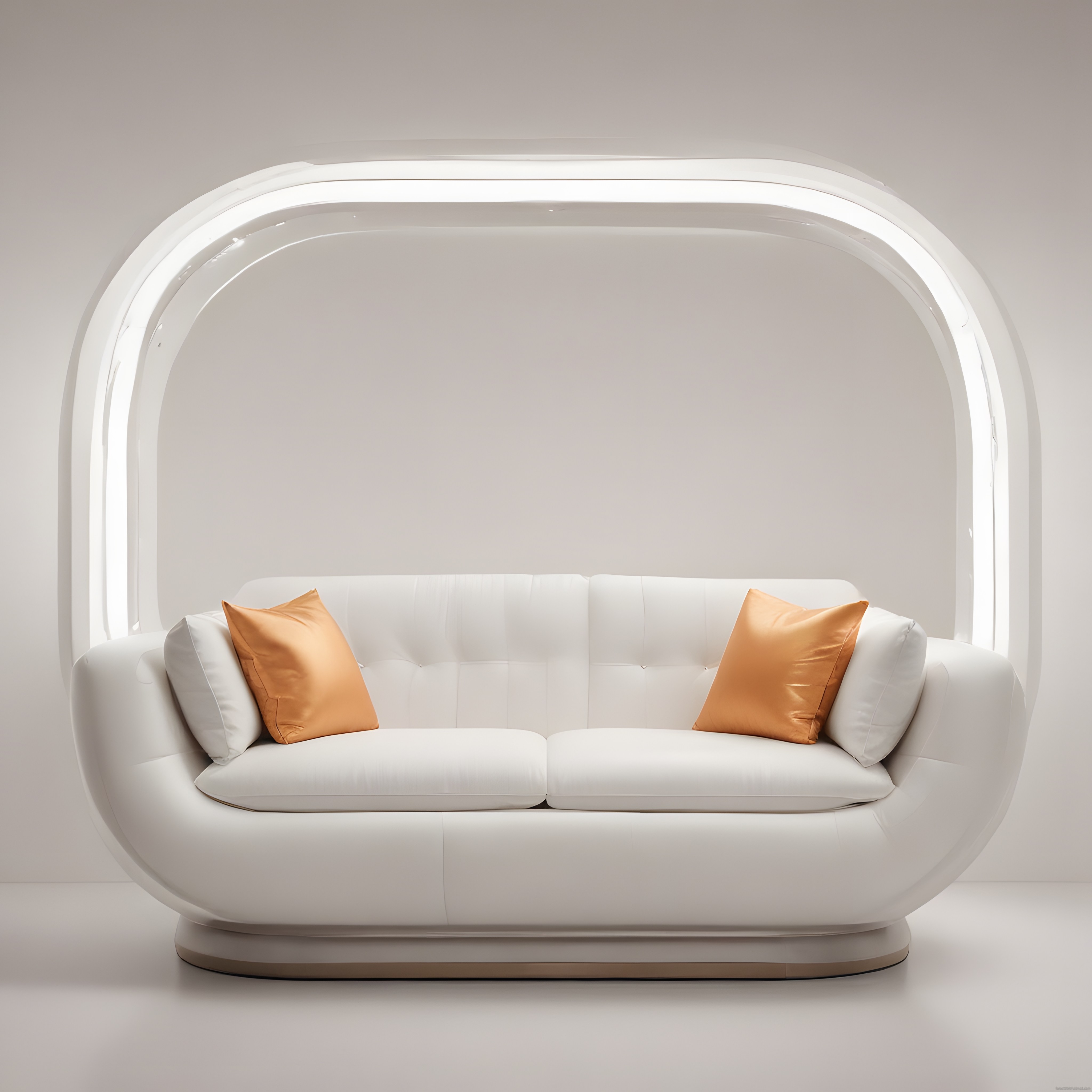 Fütüristik Beyaz Kanepe ve LED Oval Çerçeveli Lüks Minimalist İç Mekan Tasarımı