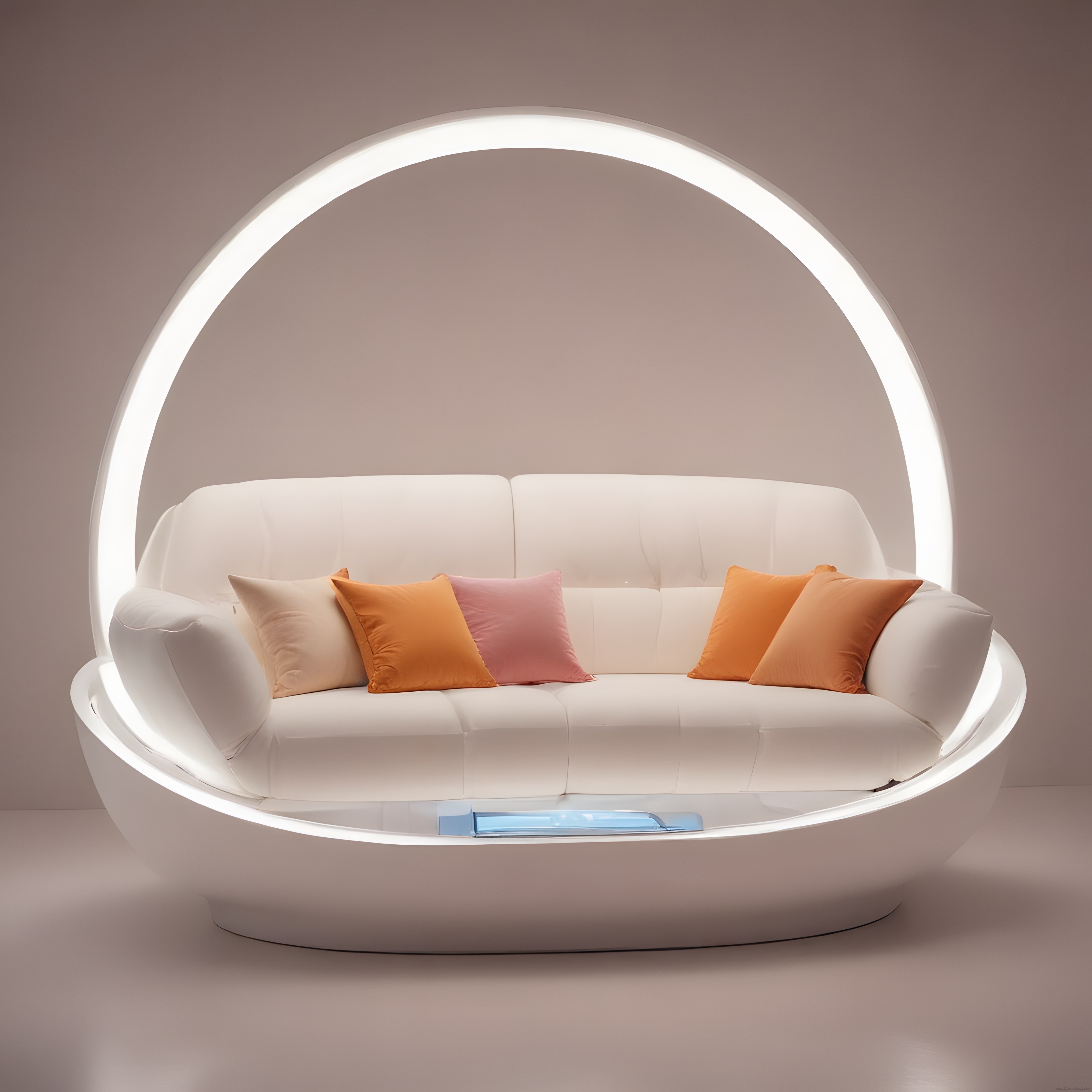Fütüristik Beyaz Koltuk ve LED Işıklı Çerçeve ile Modern Salon Dekorasyonu