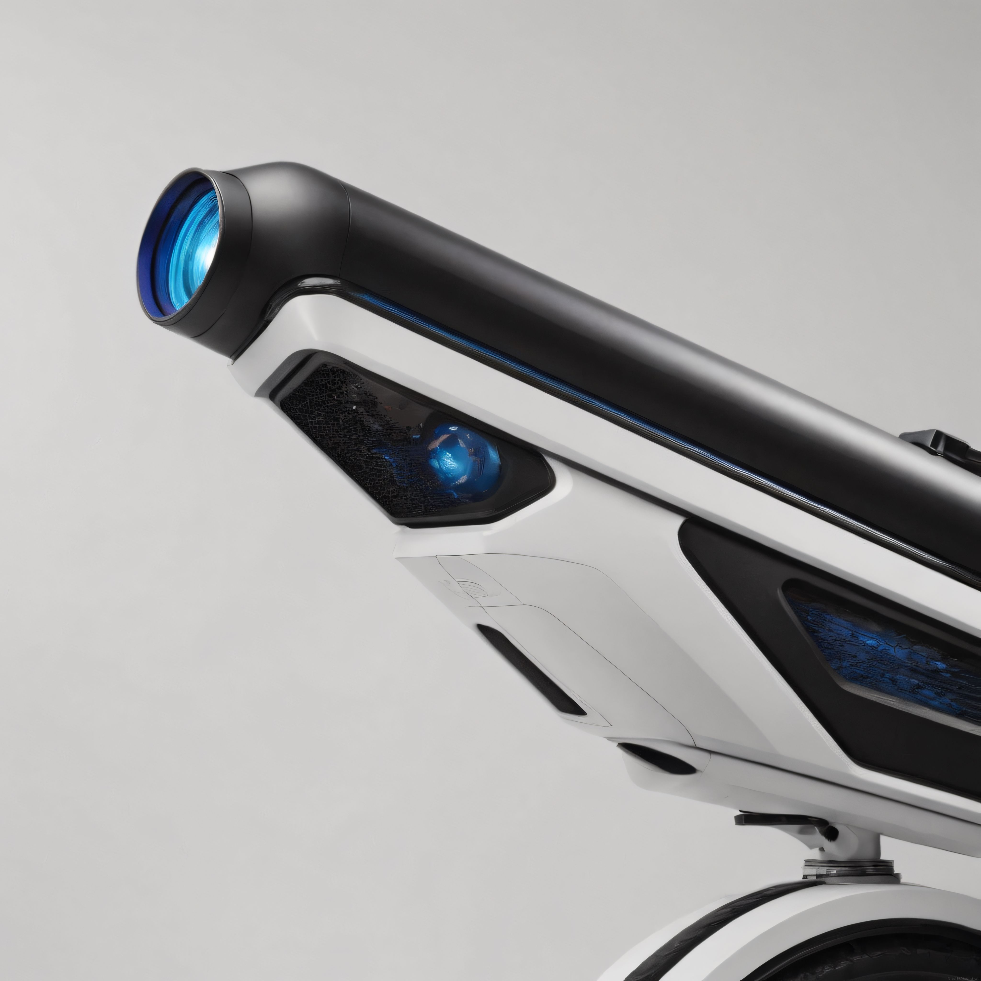 Fütüristik beyaz robotik cihaz ve mavi ışıklı teknolojik parça