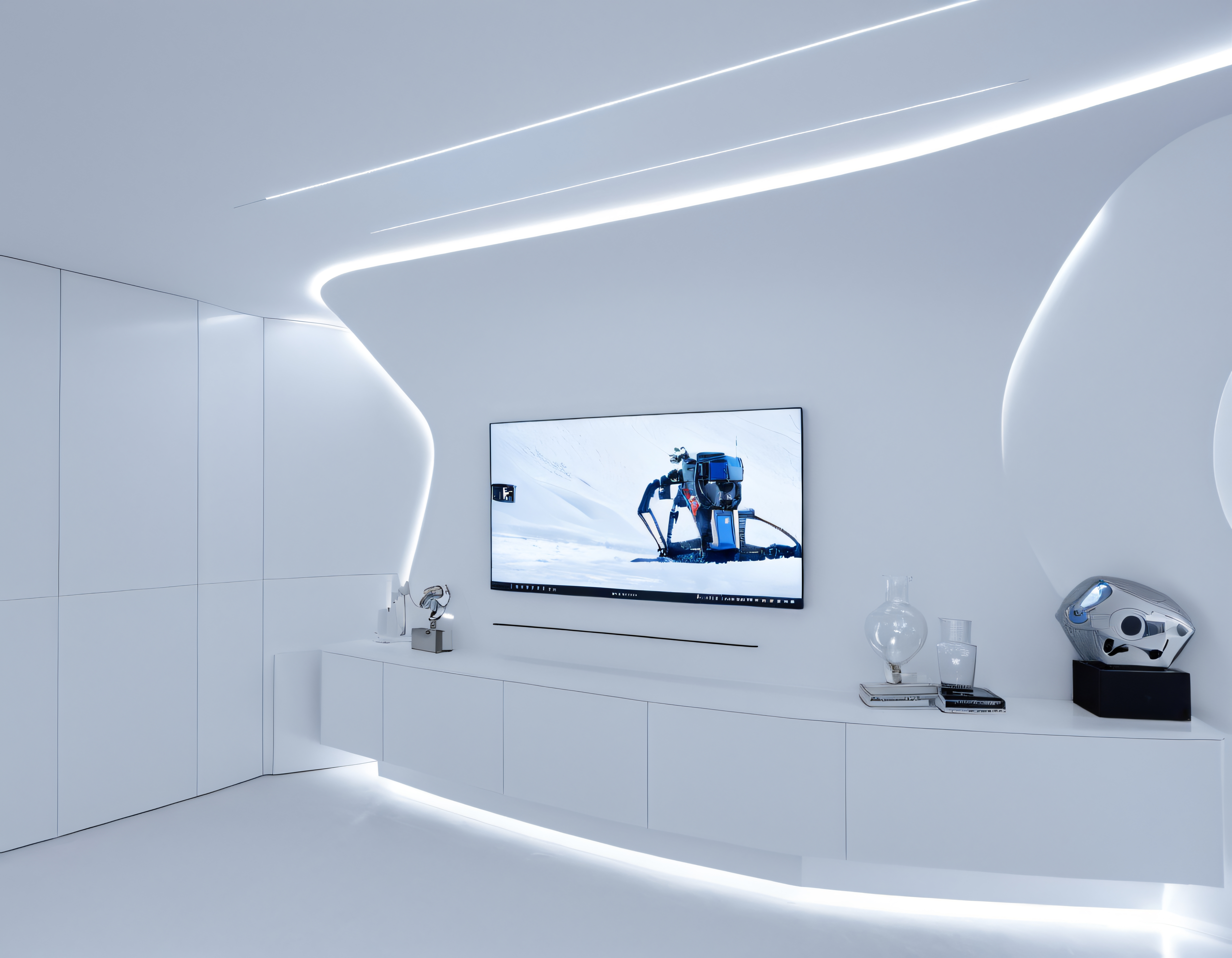 Futuristik Beyaz Salon Dekoru: Minimalist TV Ünitesi ve Akıllı Ambiyans Işıkları