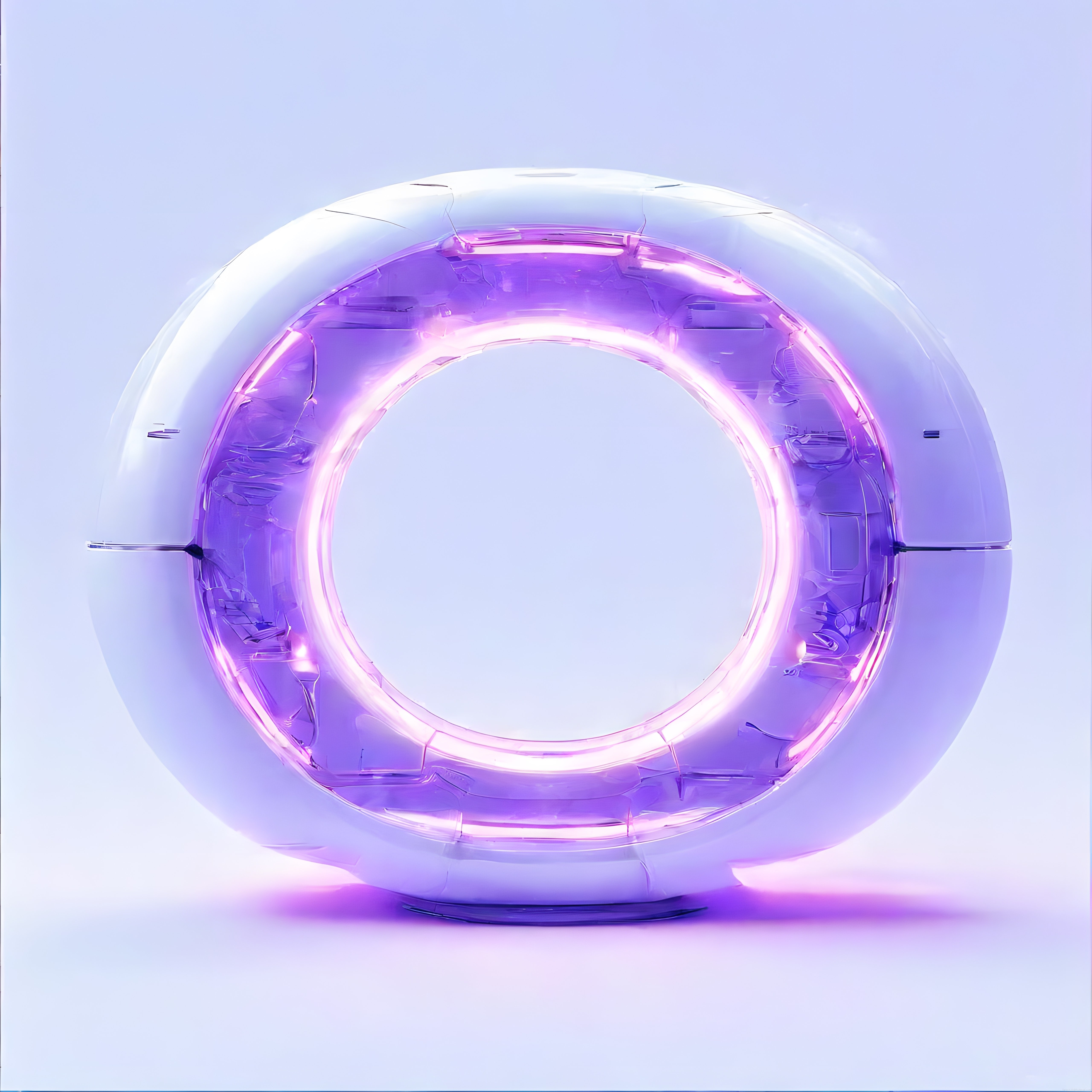 Futuristik beyaz ve mor neon ışıklı üç boyutlu halka render tasarım görseli