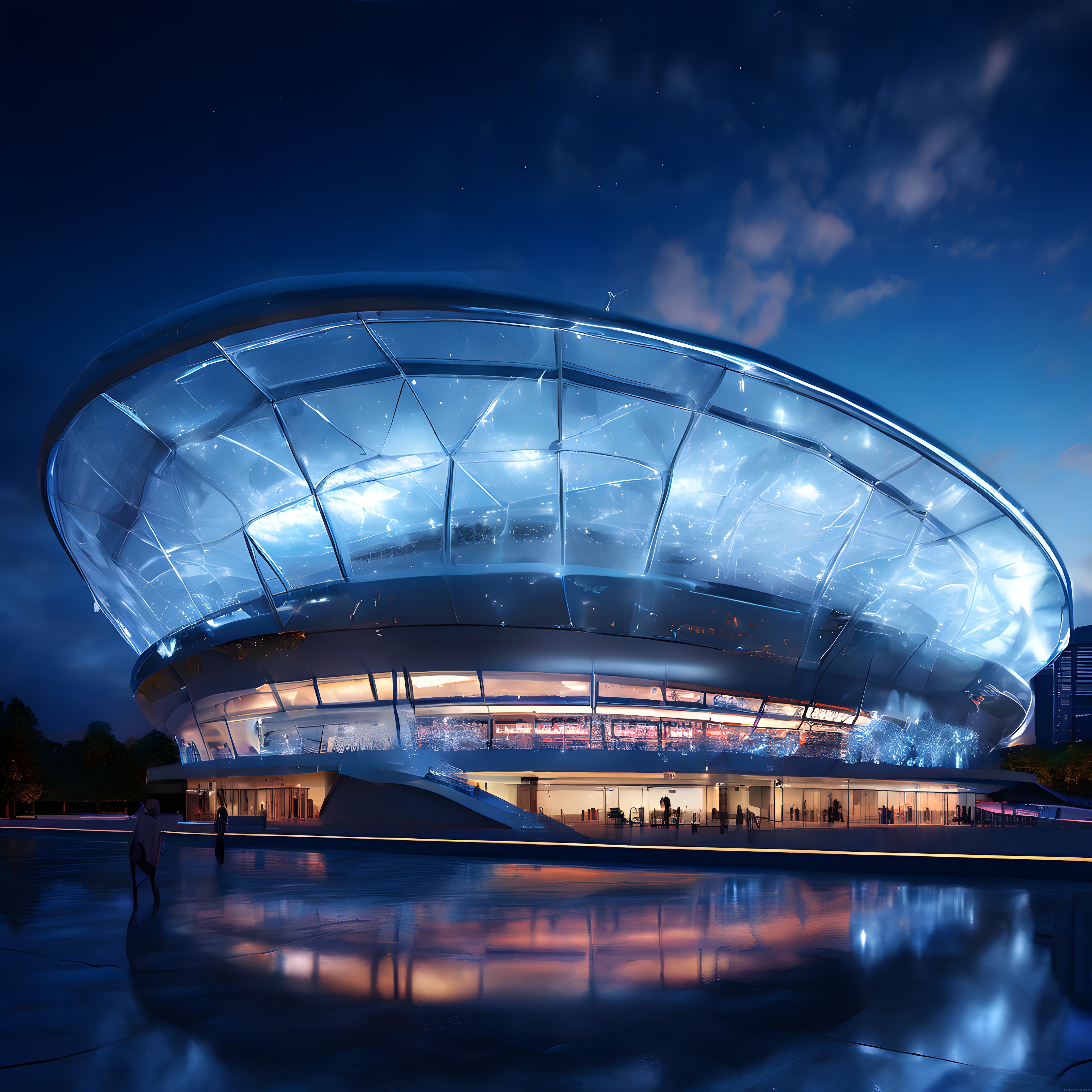 Futuristik Cam Kubbeli Modern Stadyumun Gece Mavisi Atmosferdeki Görkemi