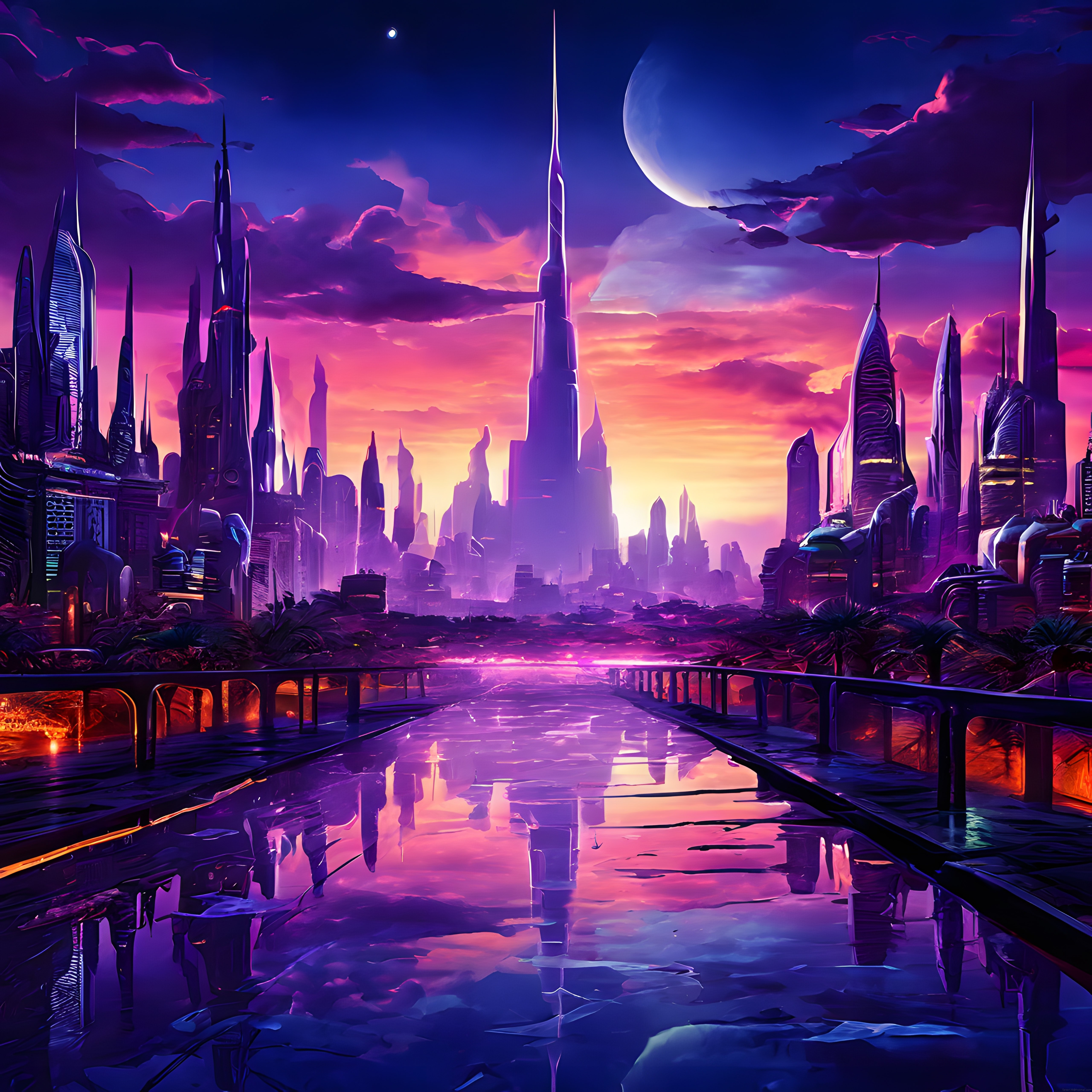 Fütüristik Cyberpunk Metropol: Gün Batımında Neon Şehir ve Gezegen Manzarası