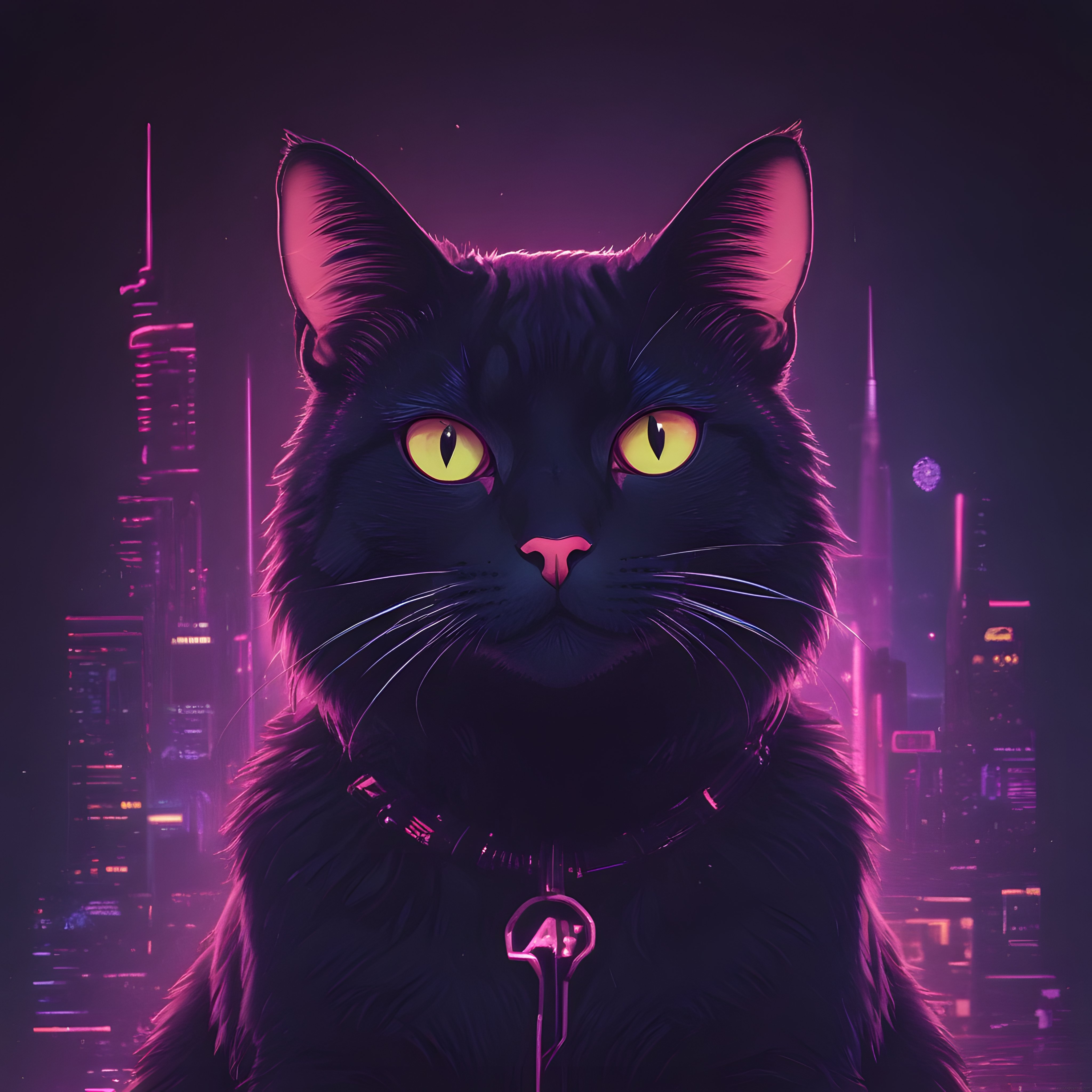 Fütüristik Cyberpunk Metropolde Gizemli Siyah Kedi ve Neon Atmosfer