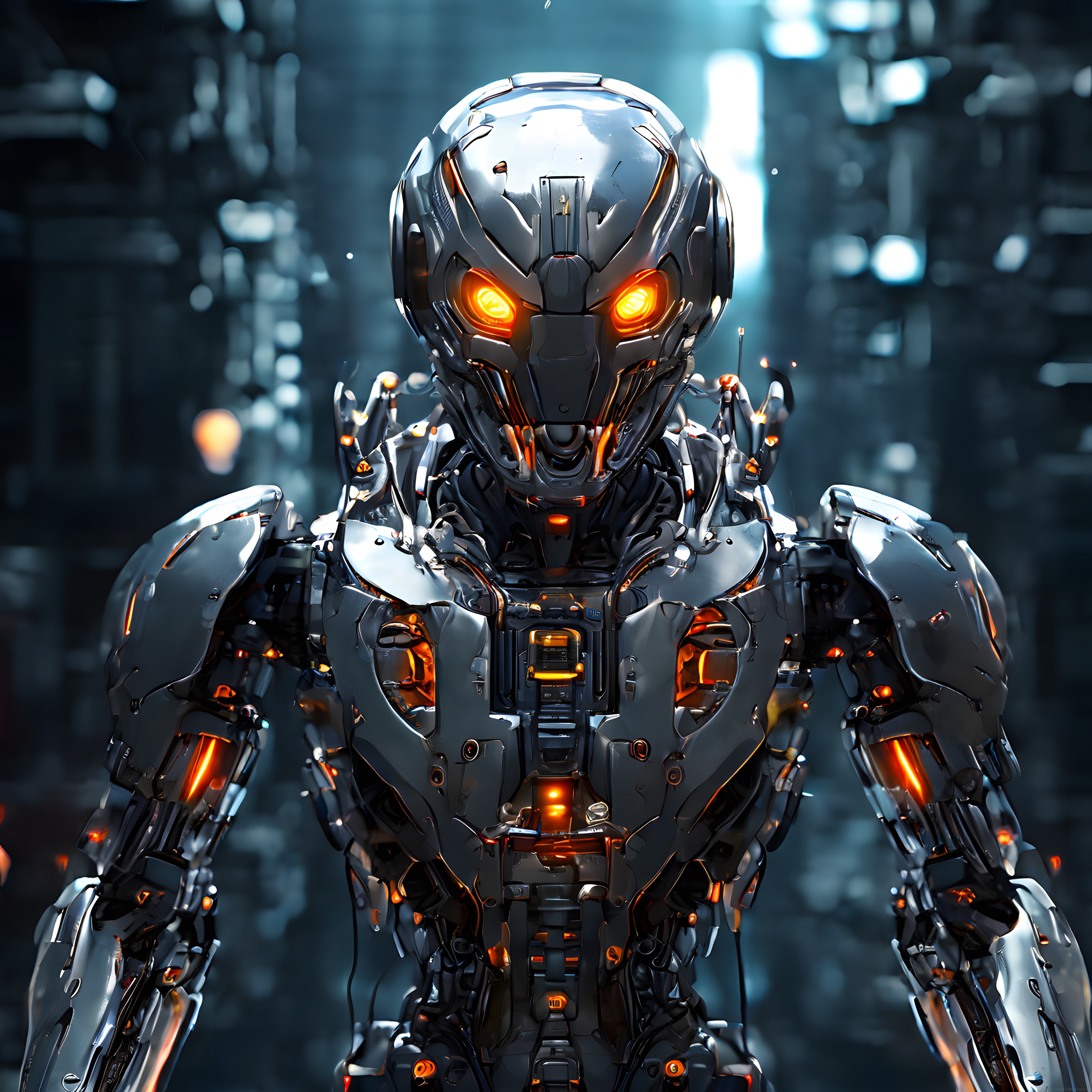 Fütüristik endüstriyel ortamda turuncu gözleri parlayan metal insansı robot