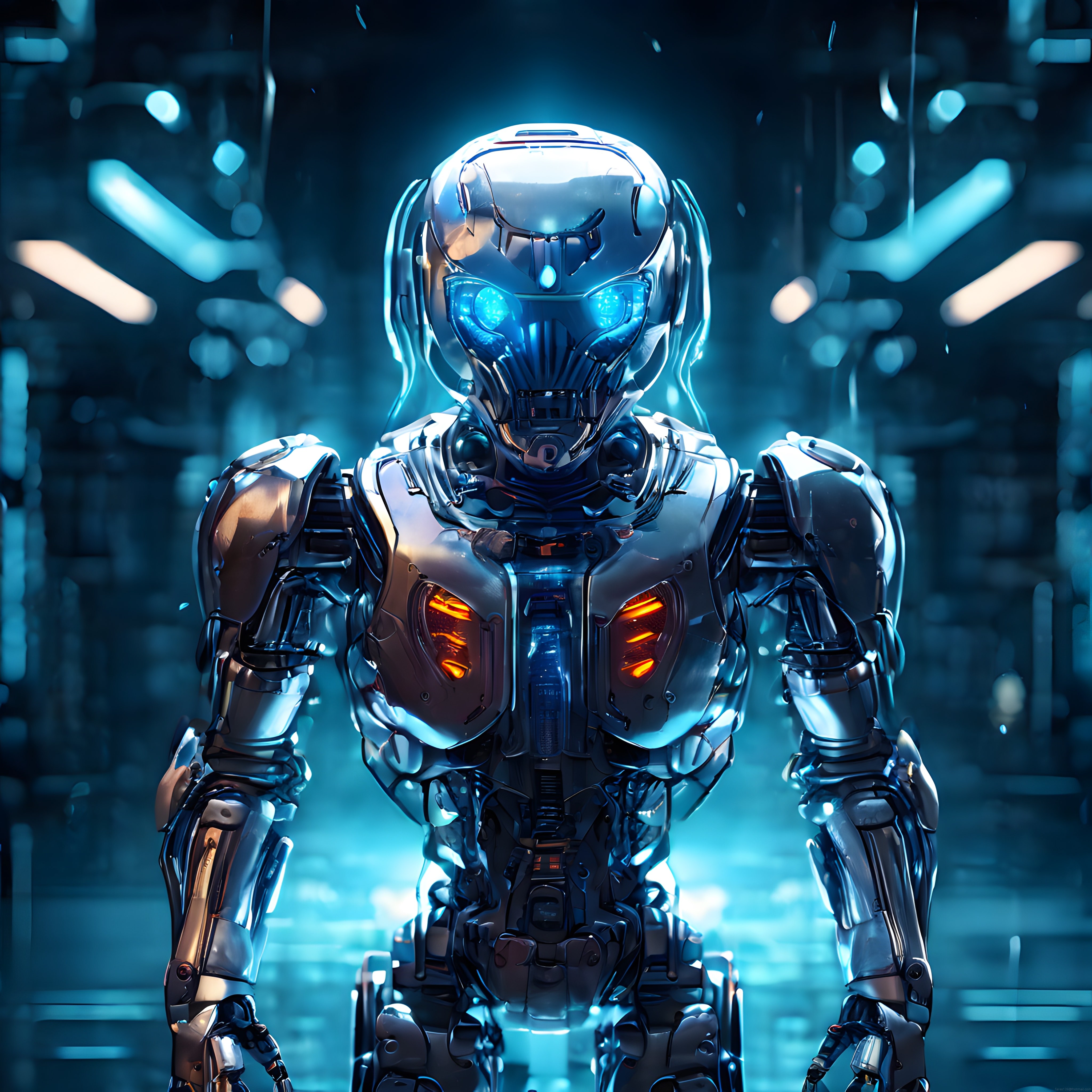 Fütüristik Gümüş Robot Parlak Mavi Gözlerle Laboratuvarın Ortasında