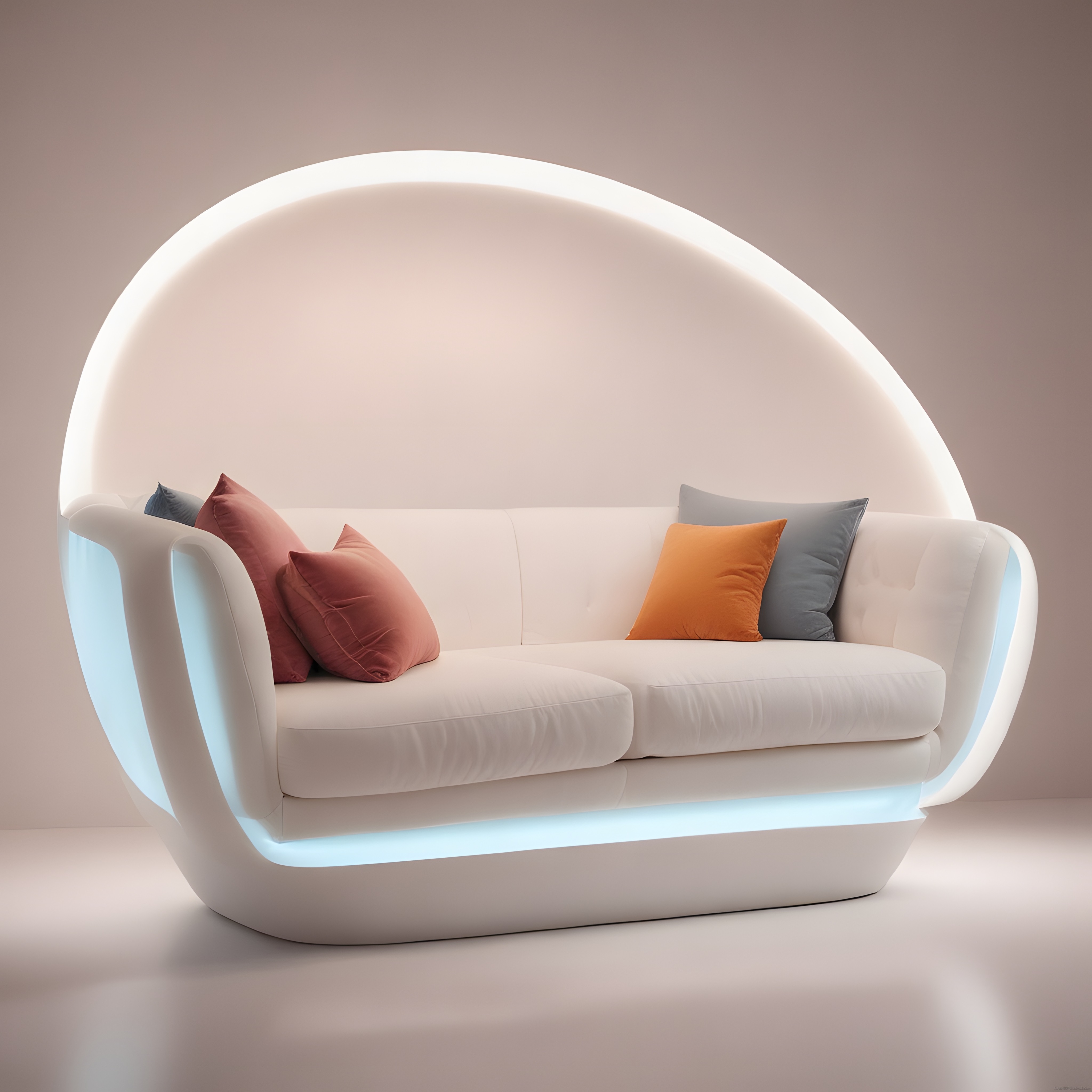 Fütüristik LED ışıklı yuvarlak kanepe ile modern minimalist salon dekorasyonu