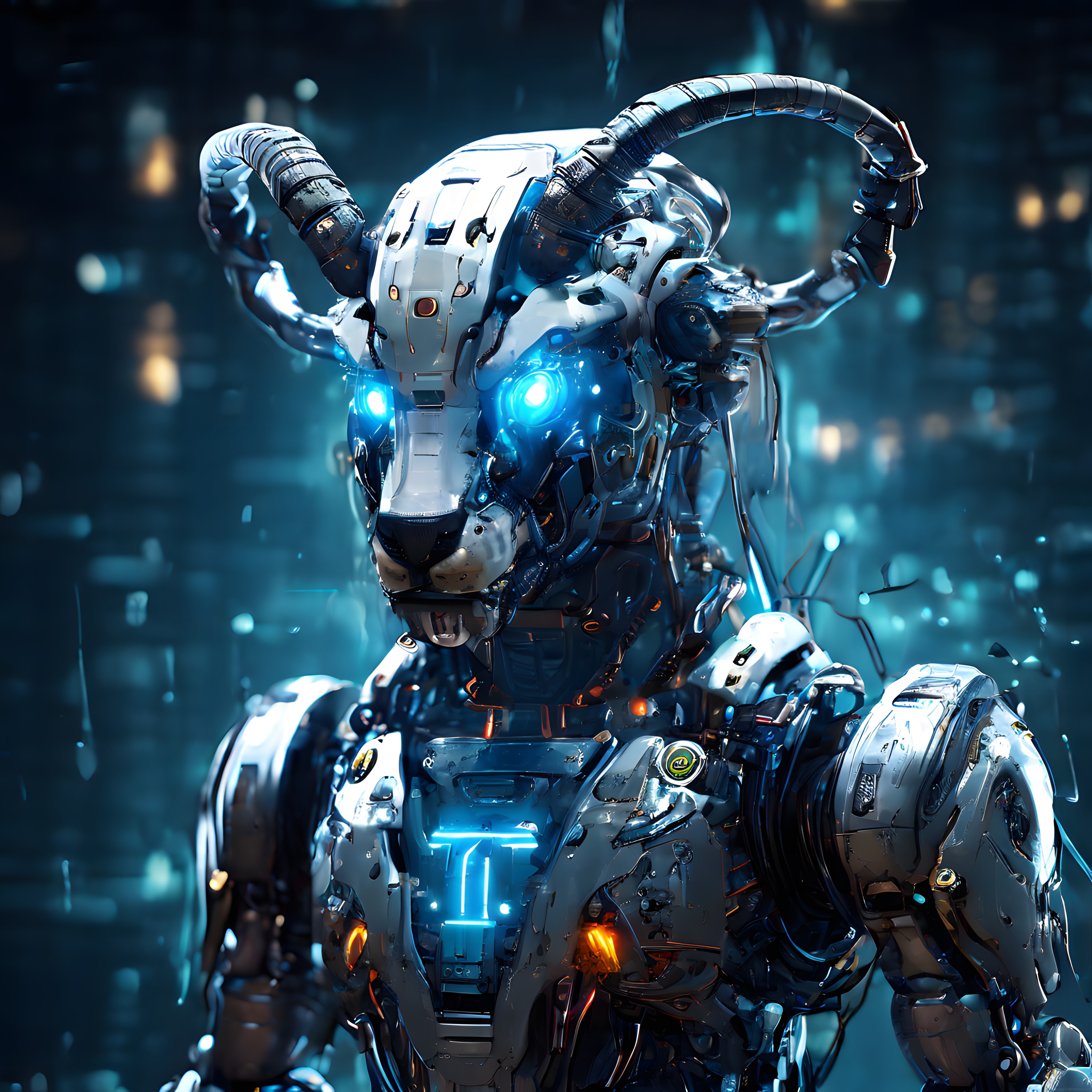 Fütüristik mekanik boğa robotu: cyberpunk tarzında dijital sanat çalışması