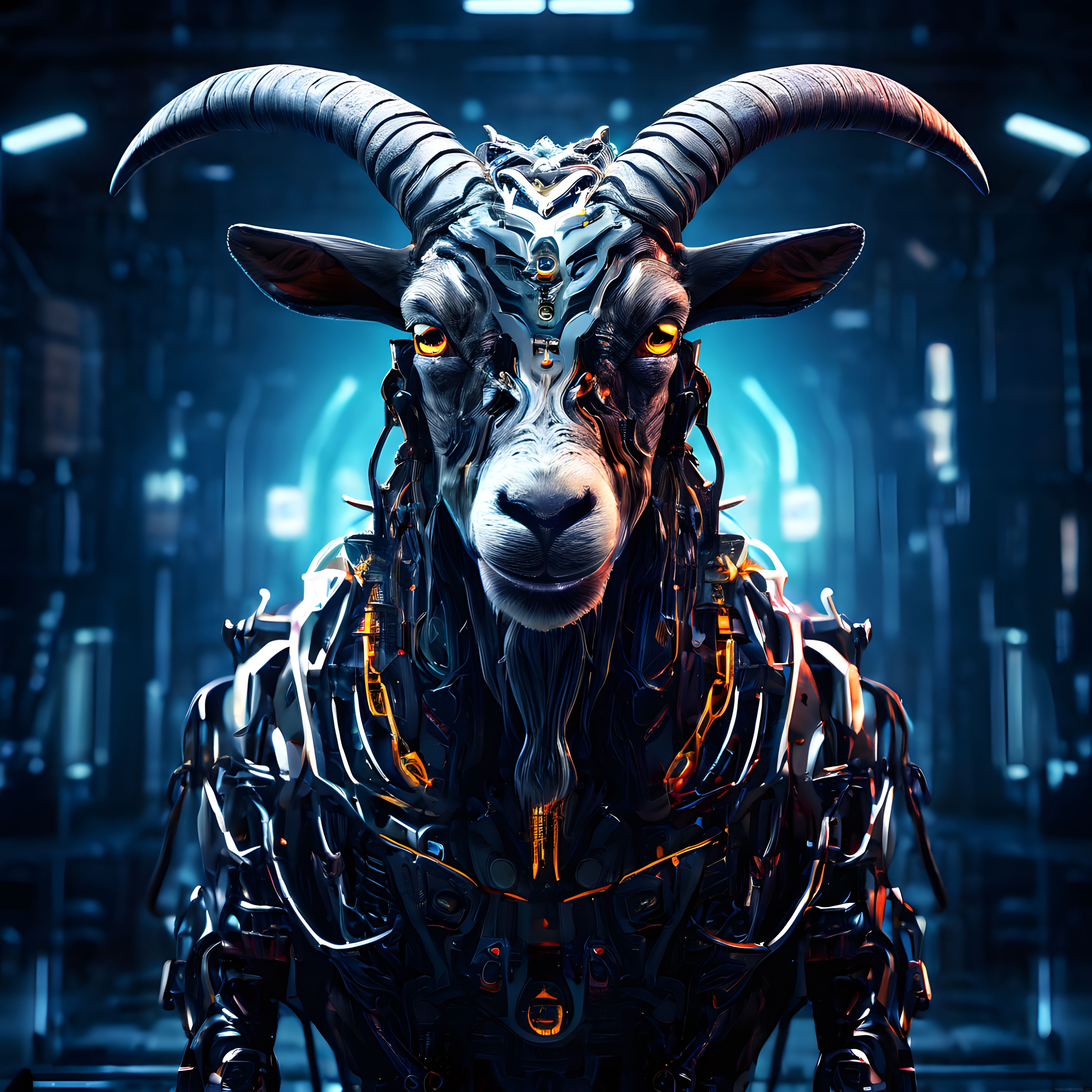 Fütüristik Mekanik Keçi Portresi ve Cyberpunk Dijital Sanat Eseri