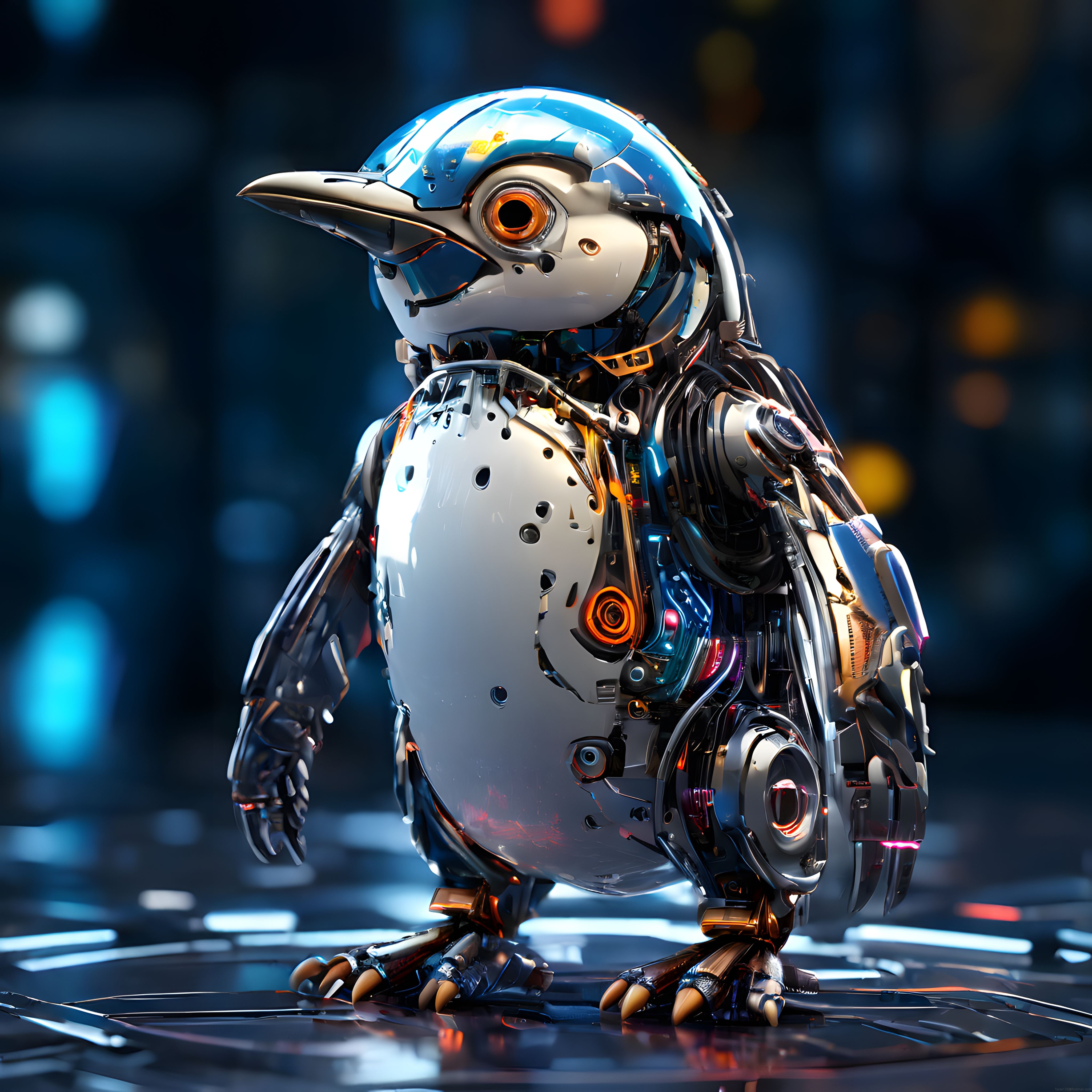Fütüristik Mekanik Penguin Robotu: Cyberpunk Tasarımlı Çelik Yapay Zeka Kuşu