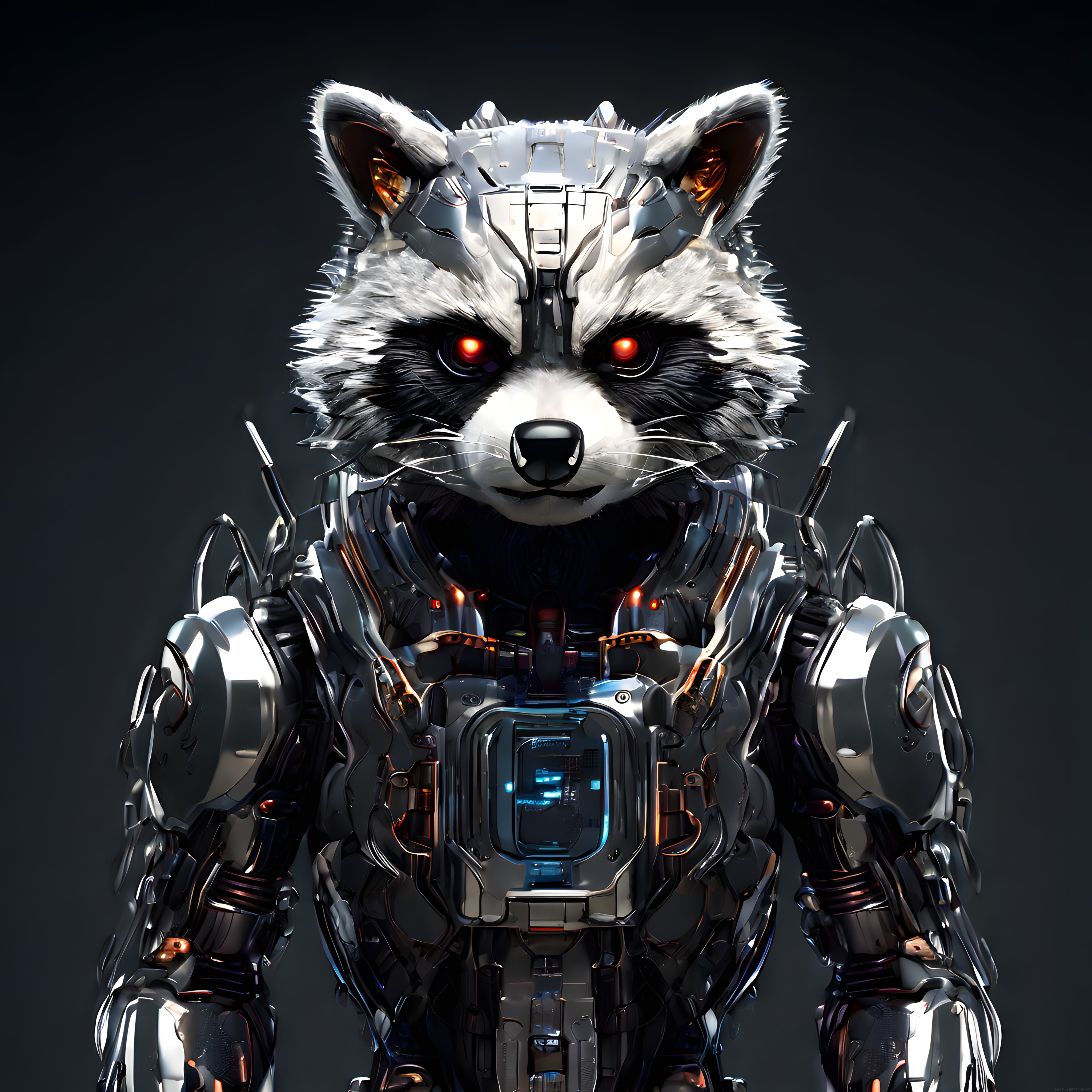Fütüristik mekanik rakun portresi, kırmızı gözlü siberpunk robot tasarım