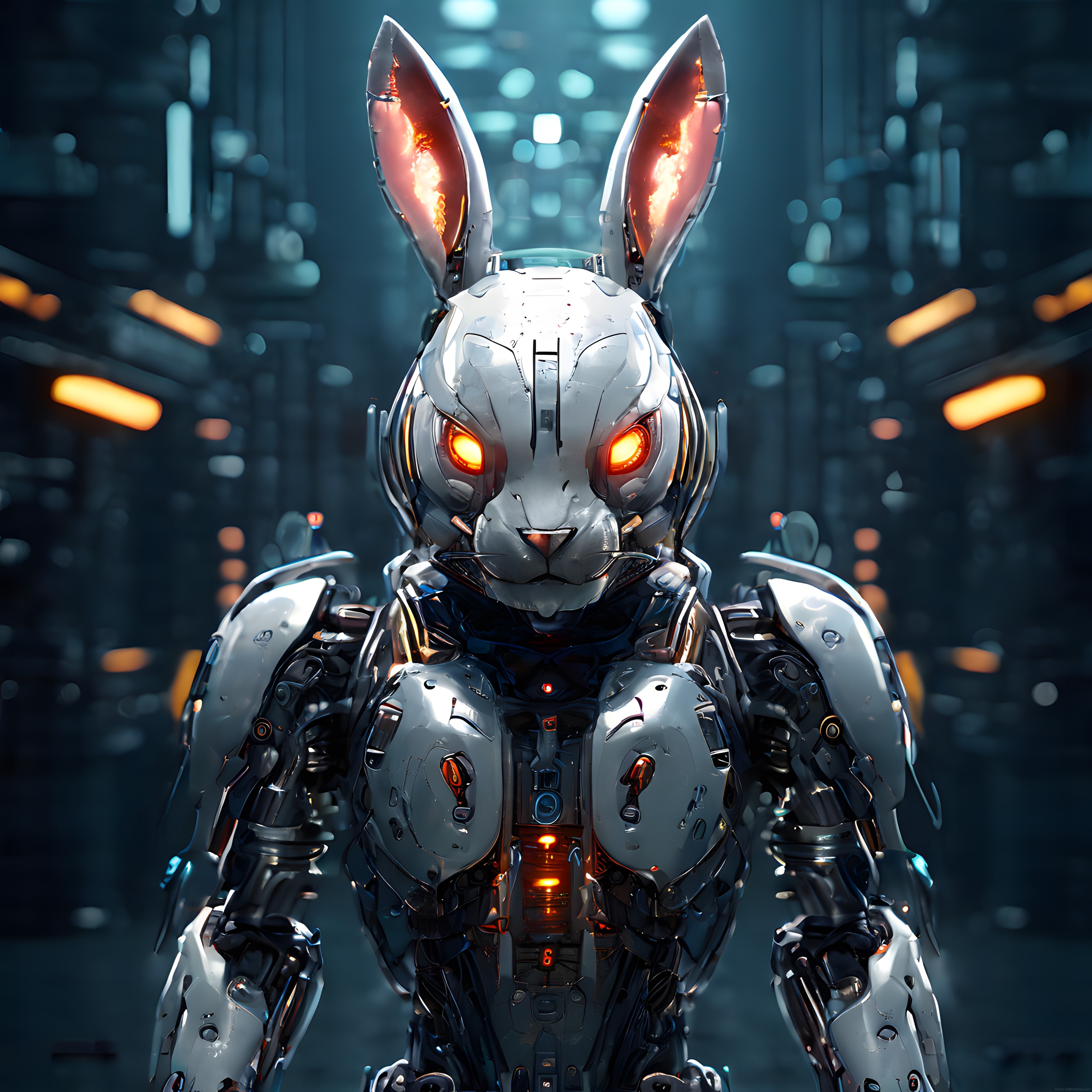Fütüristik Metal Tavşan Robot: Cyberpunk Mekanik Karakter Portresi