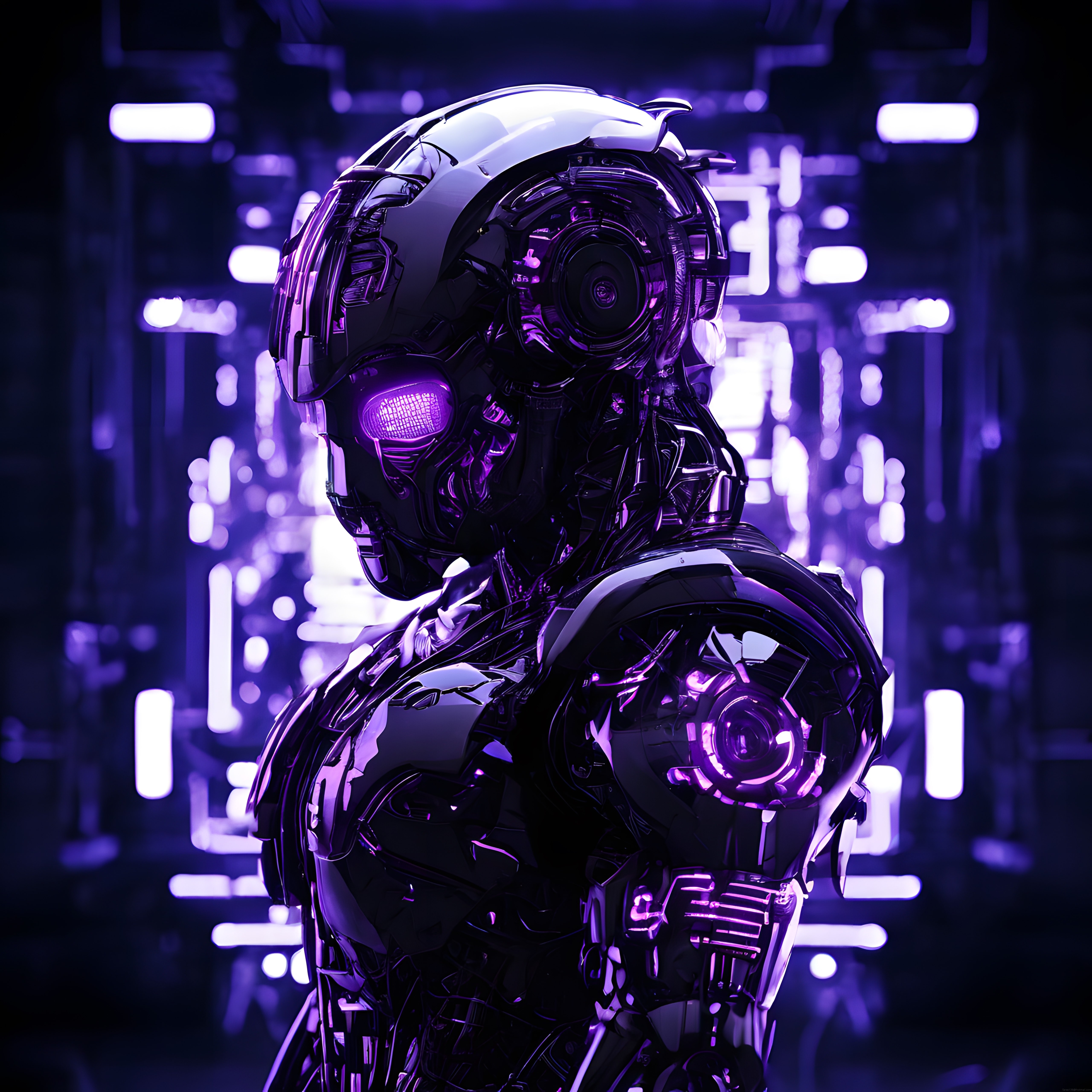 Fütüristik Mor Neon Işıklı Cyberpunk Robot ve Android Portresi